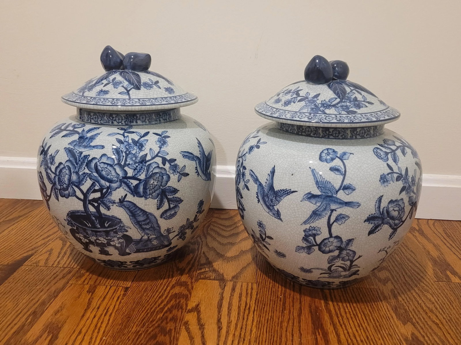 Pair of Vintage Blue and White Lidded Urns - 3
