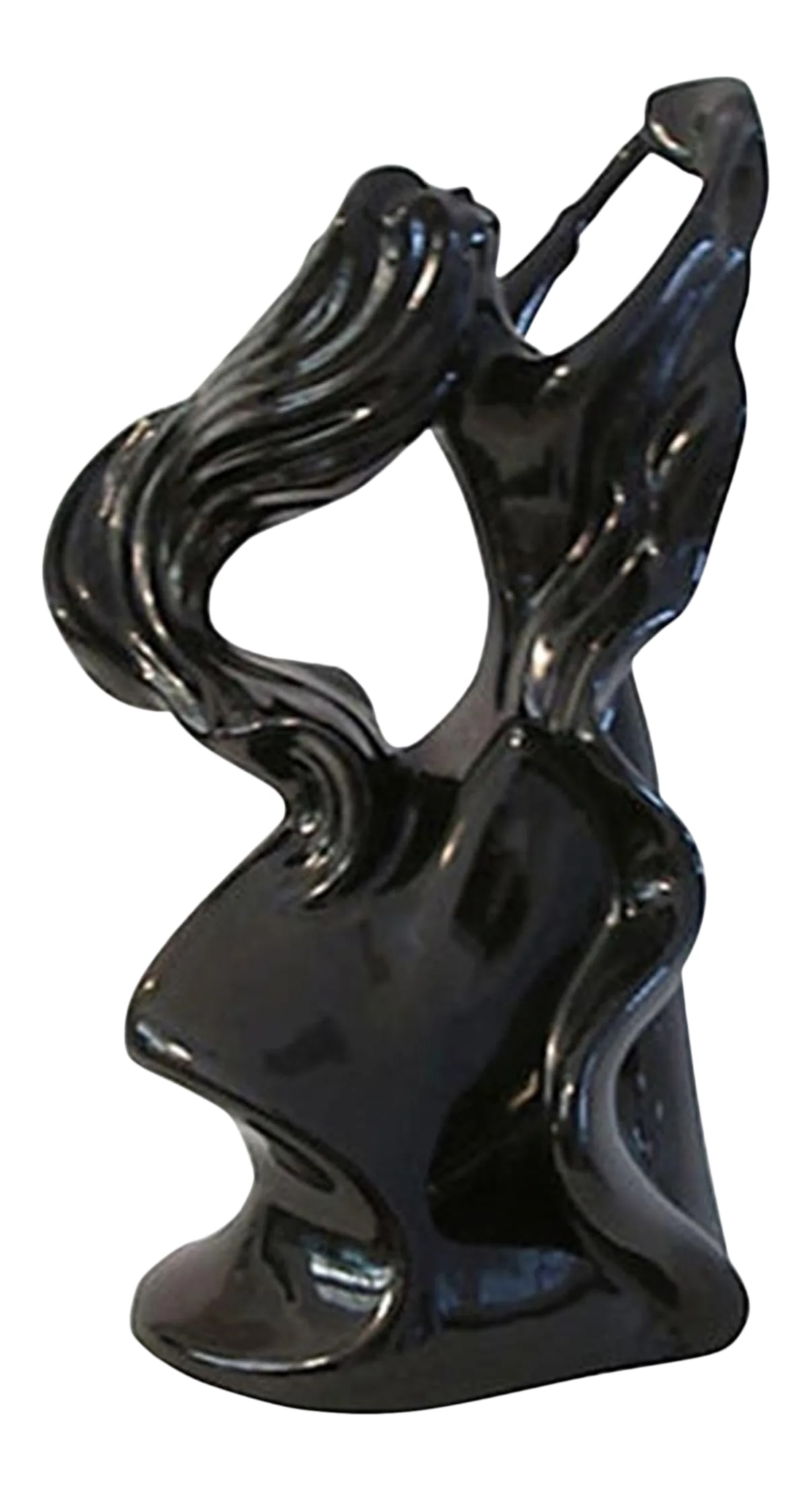 1980s Large Ebony Ceramic Flowing Dancer: Large stunning gloss black ceramic figure of a flowing-haired woman in mid-dance. Excellent vintage condition. Condition: Alterations: Original Condition Unaltered Imperfections: Some Imperfections