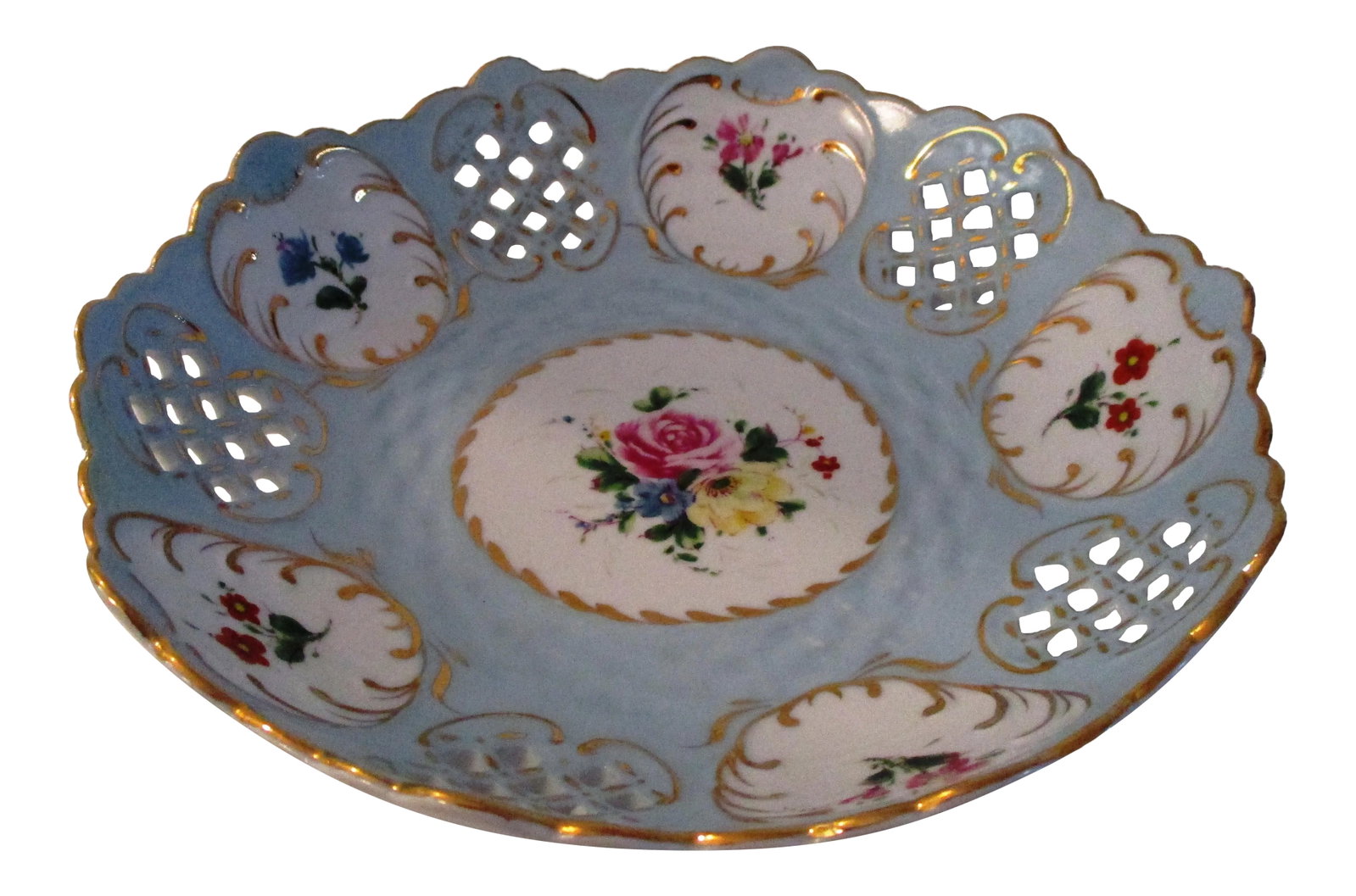 Vintage Powder Blue Hand-Painted Porcelain Bowl: Lovely English round powder blue decorative porcelain bowl with a hand painted floral motif on face with 14 karat gold accents and scalloped rim. Excellent condition. Marked underside "Lisbeth Dahl."