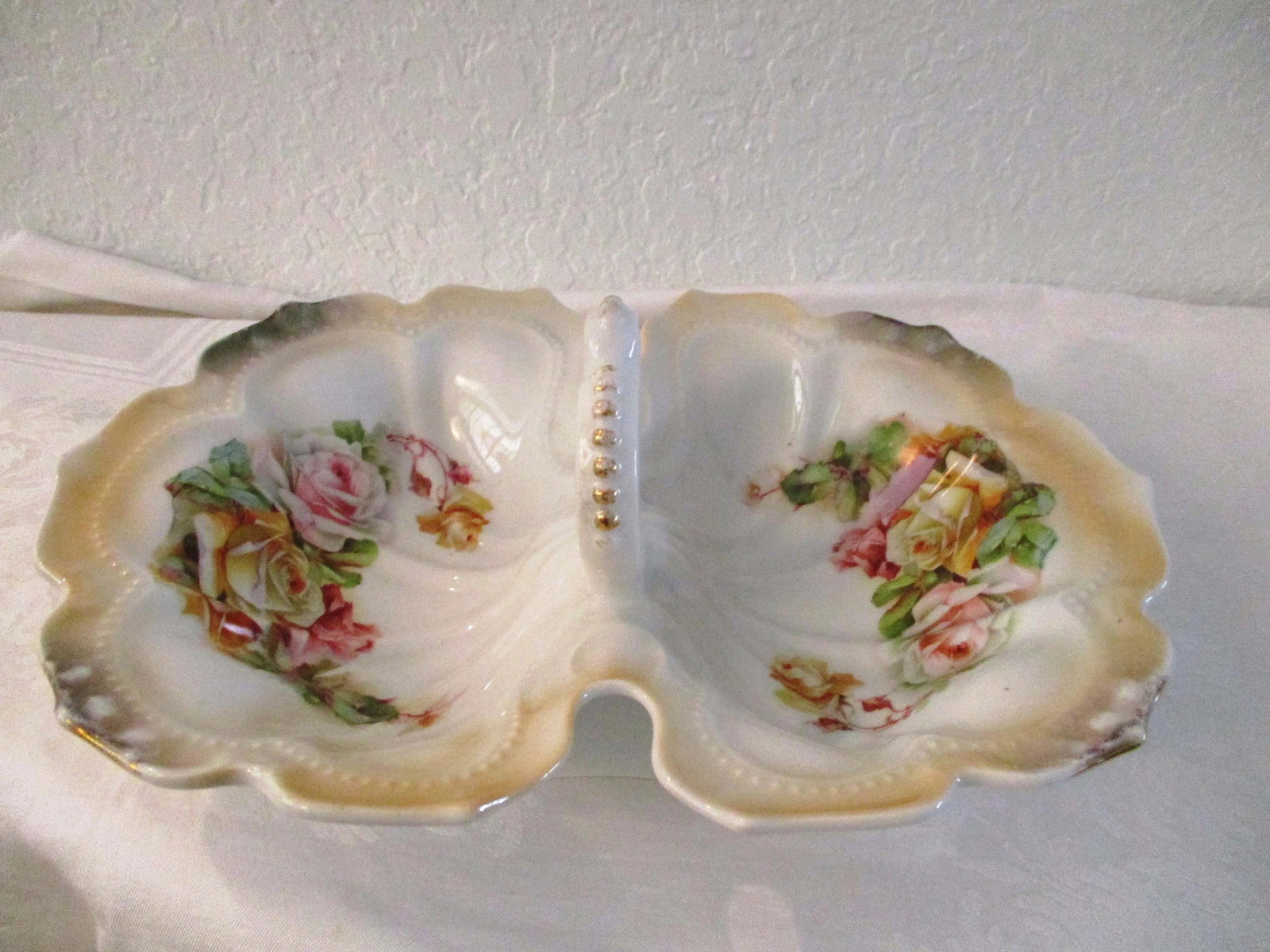 1920s German Hand-Painted Divided Floral Bowl - 9