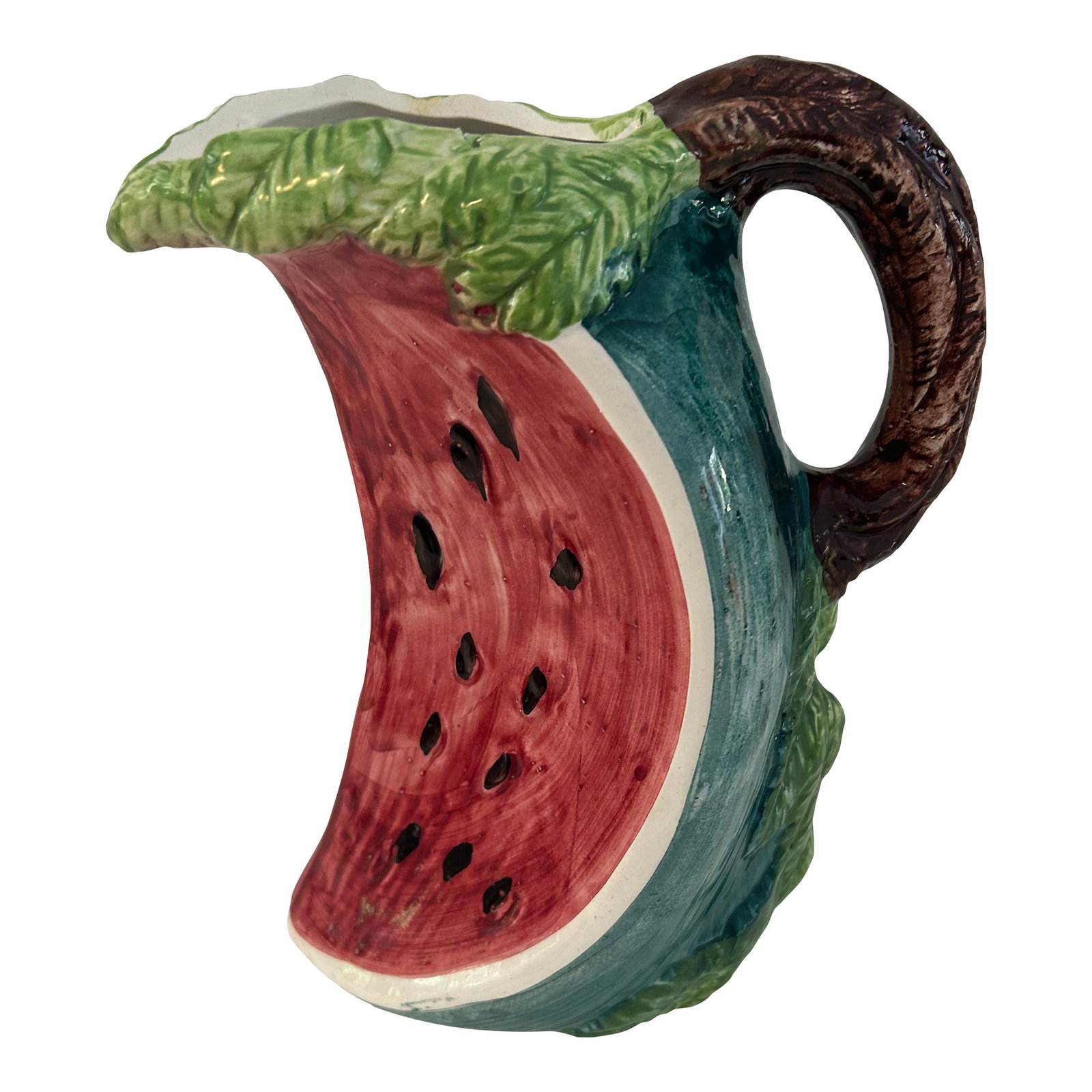 Vintage Italian Bassano Majolica Pottery Watermelon Pitcher: Colorful large vintage Italian Bassano majolica hand-painted handled pitcher in a watermelon motif. Marked underside "Hand Painted Made in Italy" Holds 64 ounces. Condition: Alterations: Original Cond
