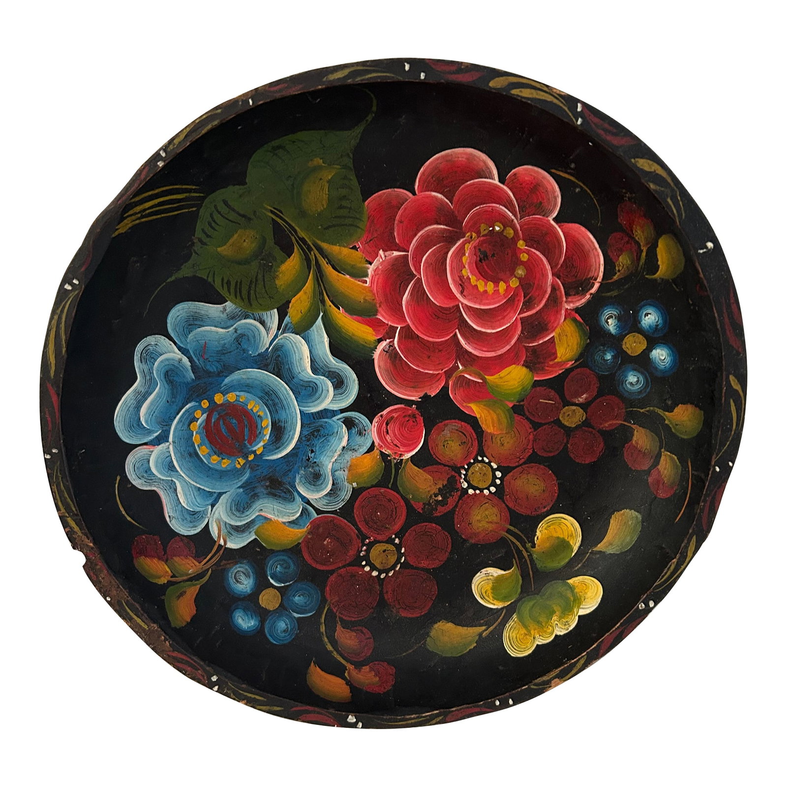 Mid-Century Mexican Carved Wood Batea Bowl: Vibrant Mexican mid-century hand-painted round carved wood Batea bowl in a floral motif. Condition: Alterations: Original Condition Unaltered Imperfections: Some Imperfections Condition Notes: some pa