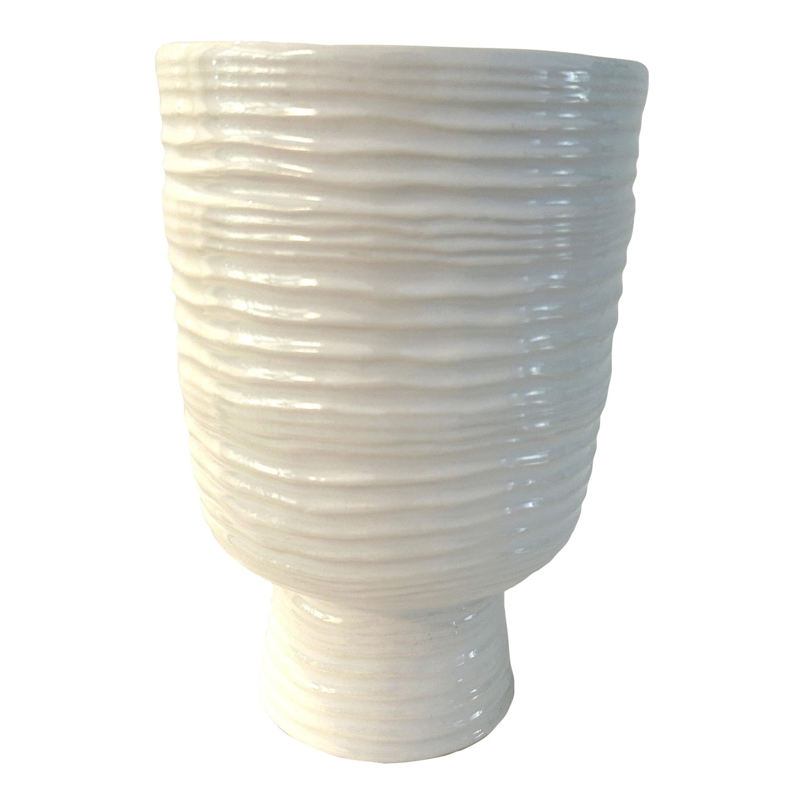 Modern Footed White Glazed Pottery Vase: Stylish white glazed pottery footed cylinder vase featuring a wavey raised design around perimeter. Condition: Alterations: Original Condition Unaltered Imperfections: Some Imperfections Condition Not