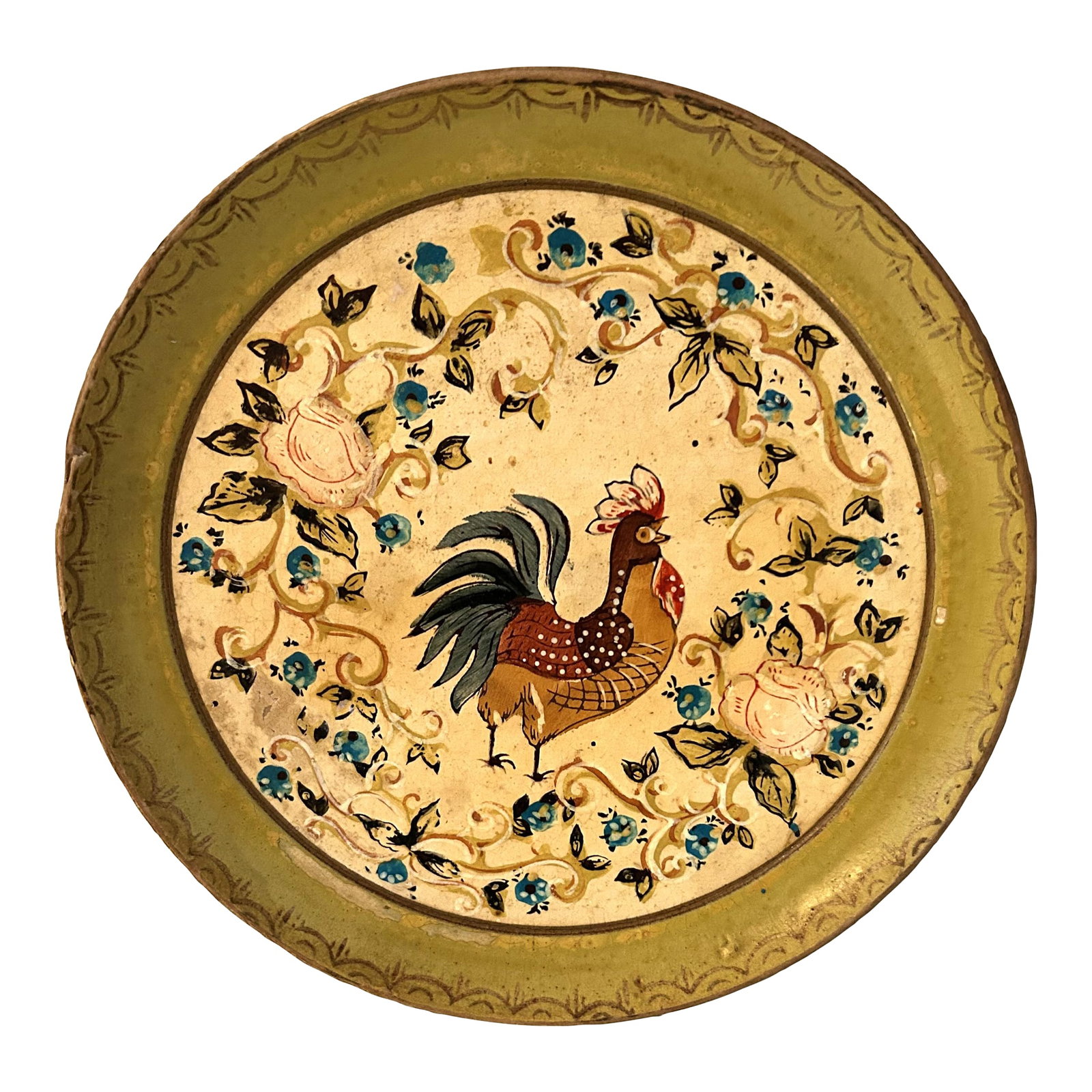 1950's Mexican Toleware Paper Mache Rooster Tray: Charming mid-century Mexican Paper Mache and wood composite decorative tray featuring a rooster and floral motif. Original label underside "Guadalajara Mexico." Condition: Alterations: Original