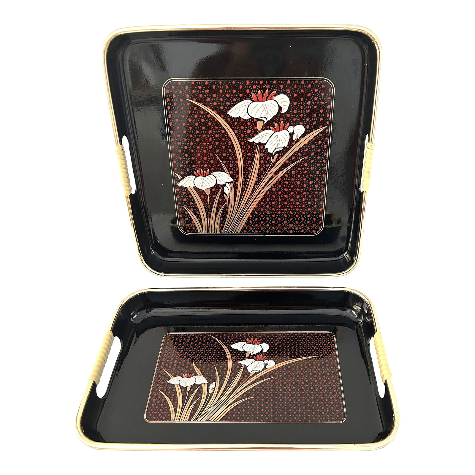 Vintage Toyo Japan Black Lacquerware White Lilly Nesting Trays, a Pair (1 of 4)