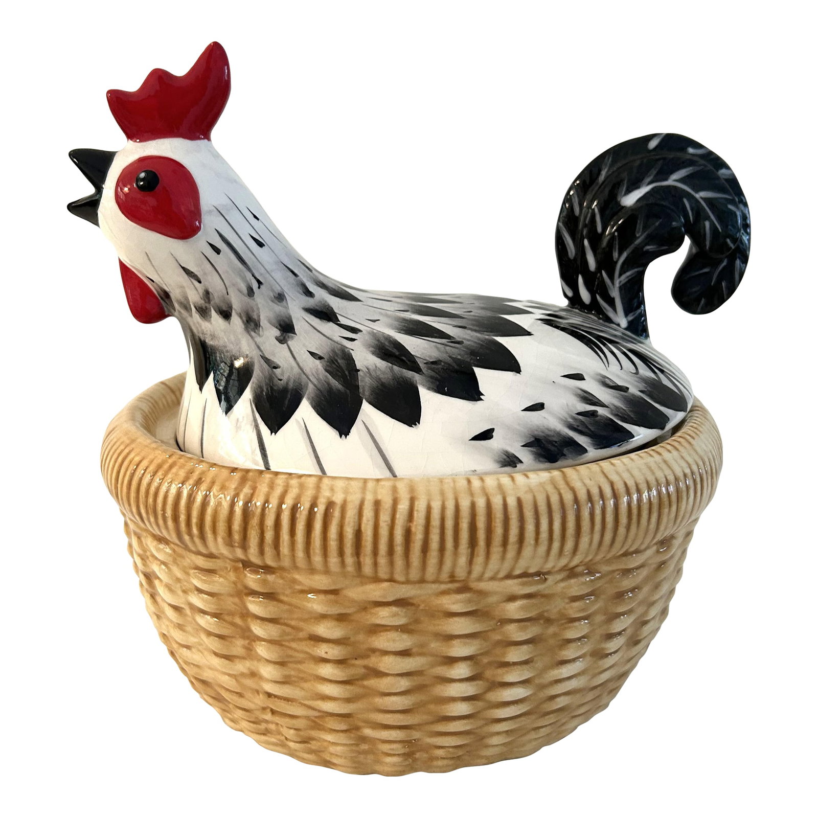Vintage French Country Nesting Chicken Bowl: Charming vintage hand-painted ceramict lidded bowl featuring a figural nesting chicken. Condition: Alterations: Original Condition Unaltered Imperfections: Some Imperfections Condition Notes: crazing