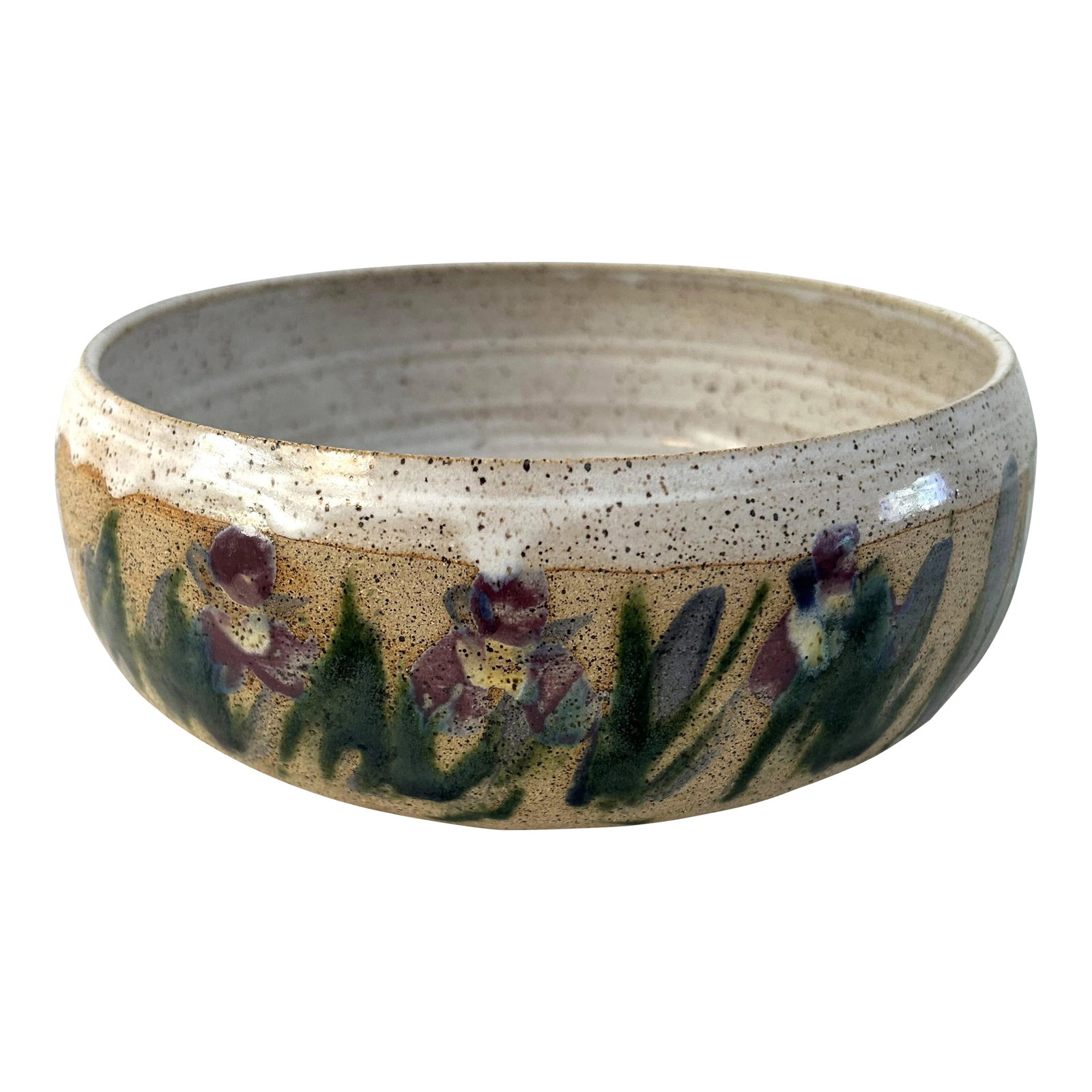 Vintage Artisanal Stoneware Pottery Iris Bowl: Lovely hand-made stoneware pottery bowl featuring glazed hand-painted Iris flower motif around outside perimeter. Artist signed underside. Excellent condition. Condition: Alterations: Original