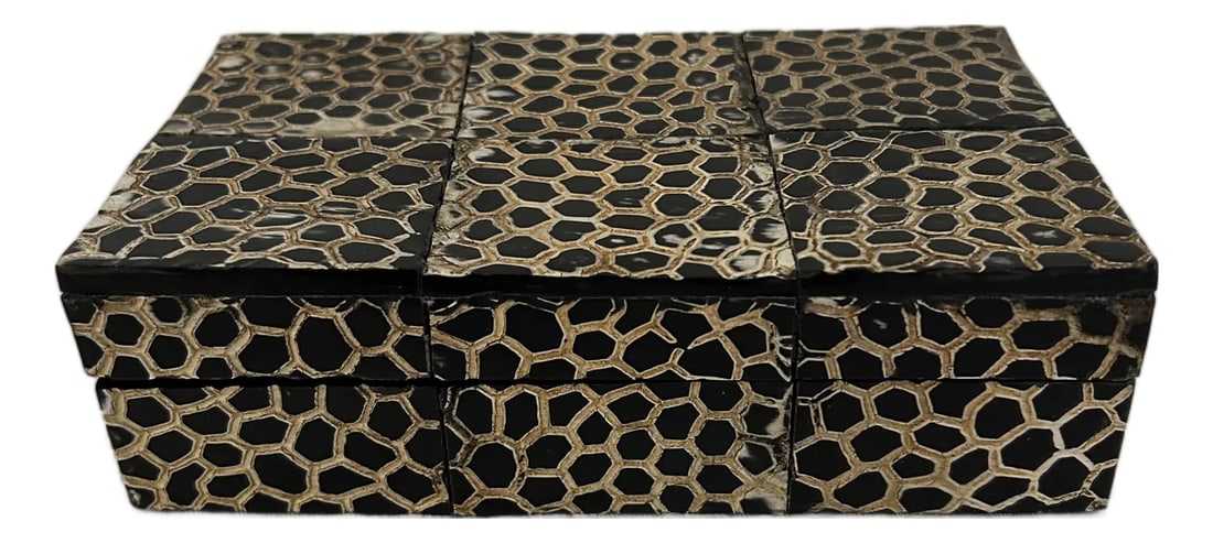 Contemporary Faux Alligator Skin Lidded Box: Stylish hinged lidded wood box in a textured faux alligator skin design. Condition: Alterations: Original Condition Unaltered Imperfections: Some Imperfections Condition Notes: minor wear Origin: