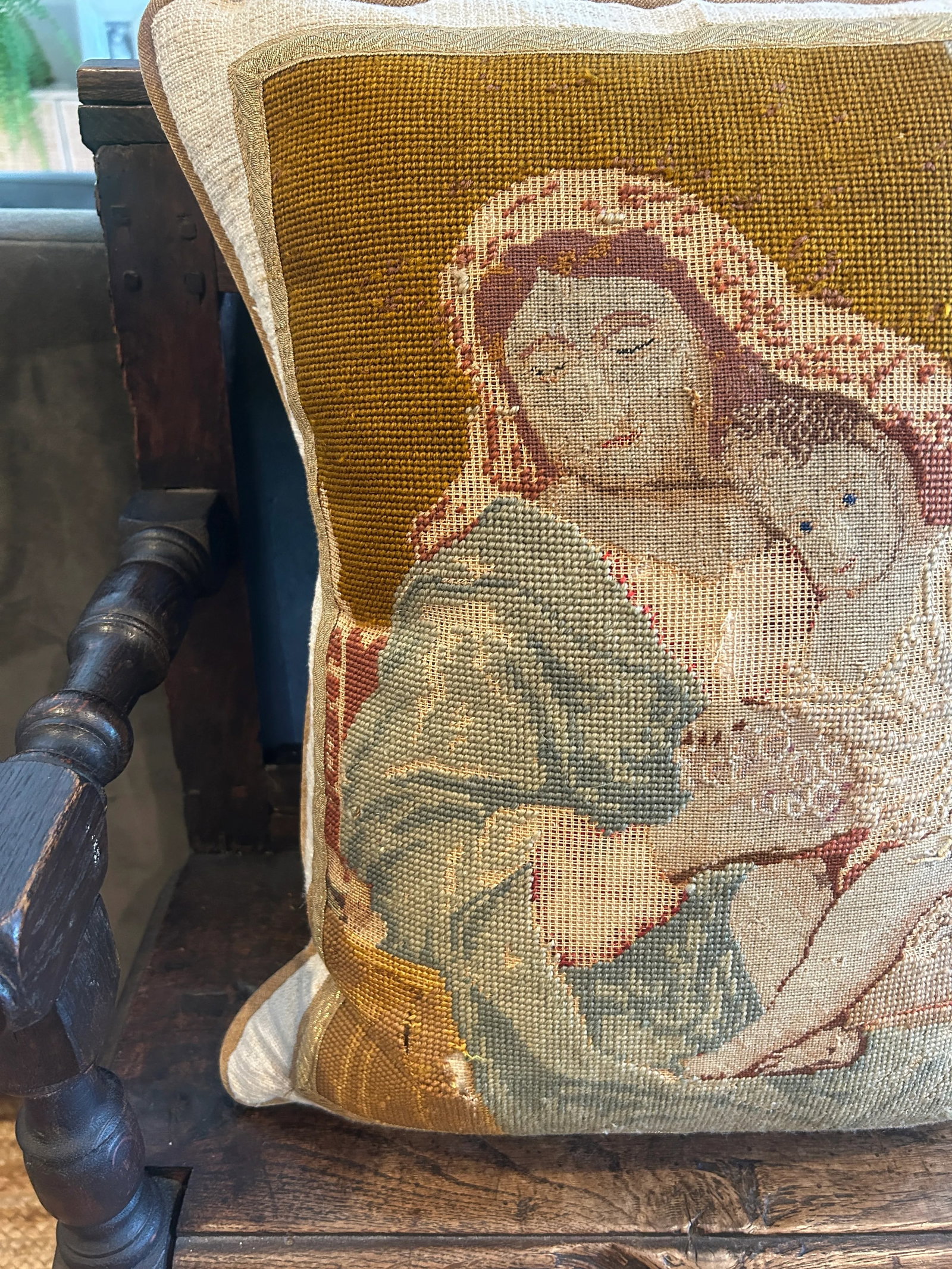 Victorian Revival Needlepoint Pillow With Religious Iconography - 2