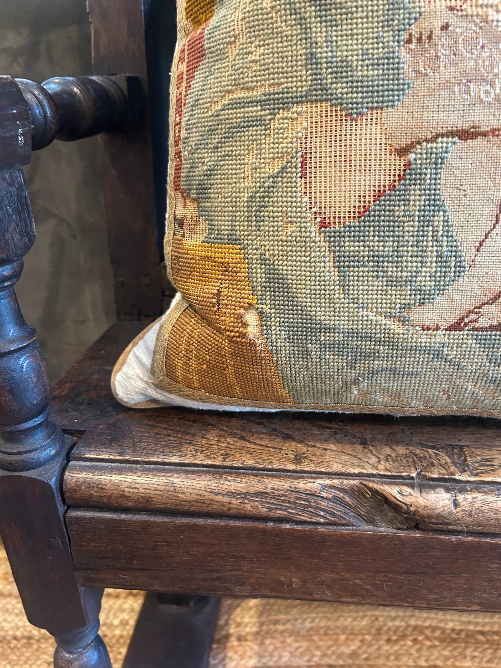 Victorian Revival Needlepoint Pillow With Religious Iconography - 3