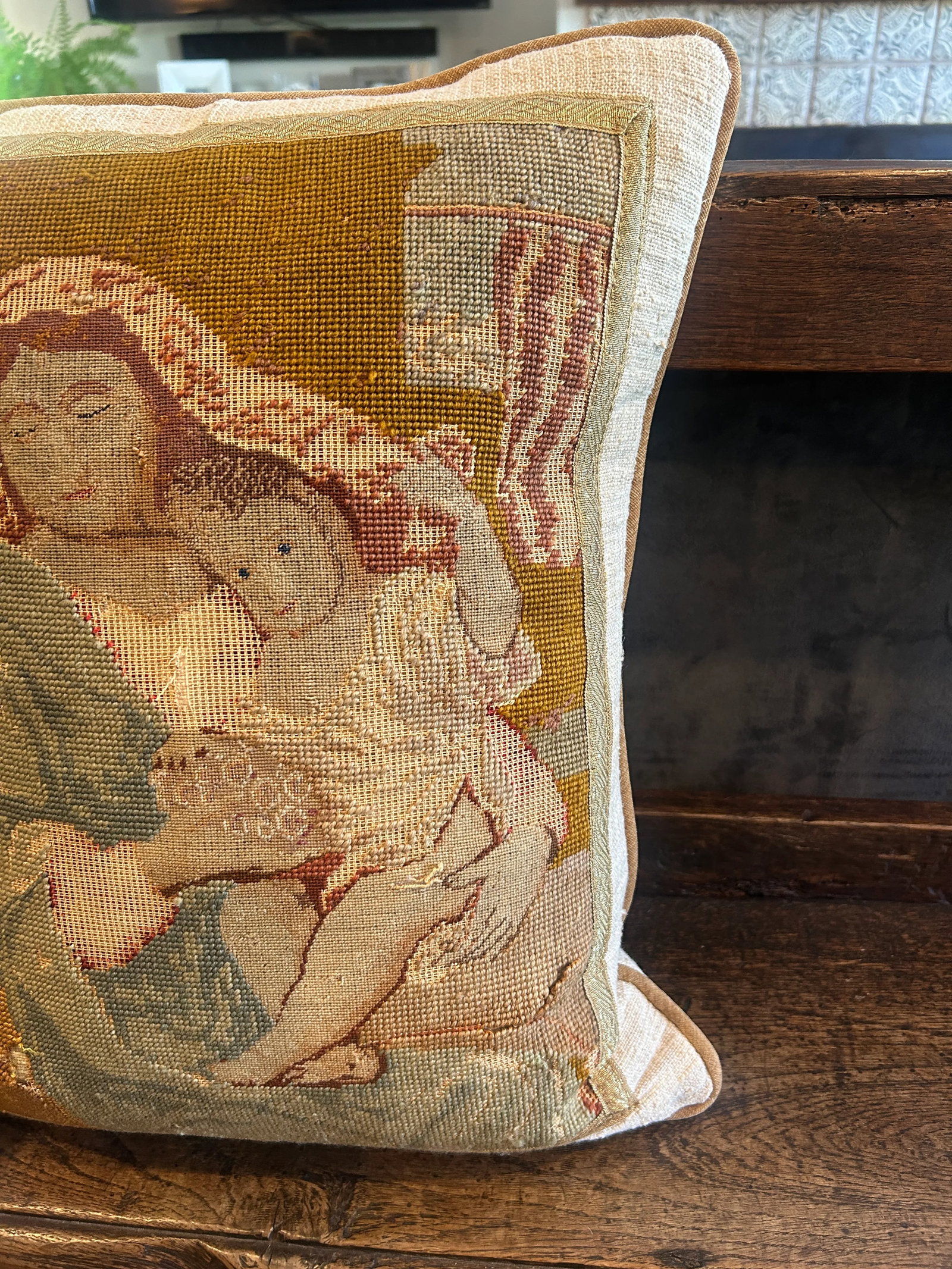 Victorian Revival Needlepoint Pillow With Religious Iconography - 6