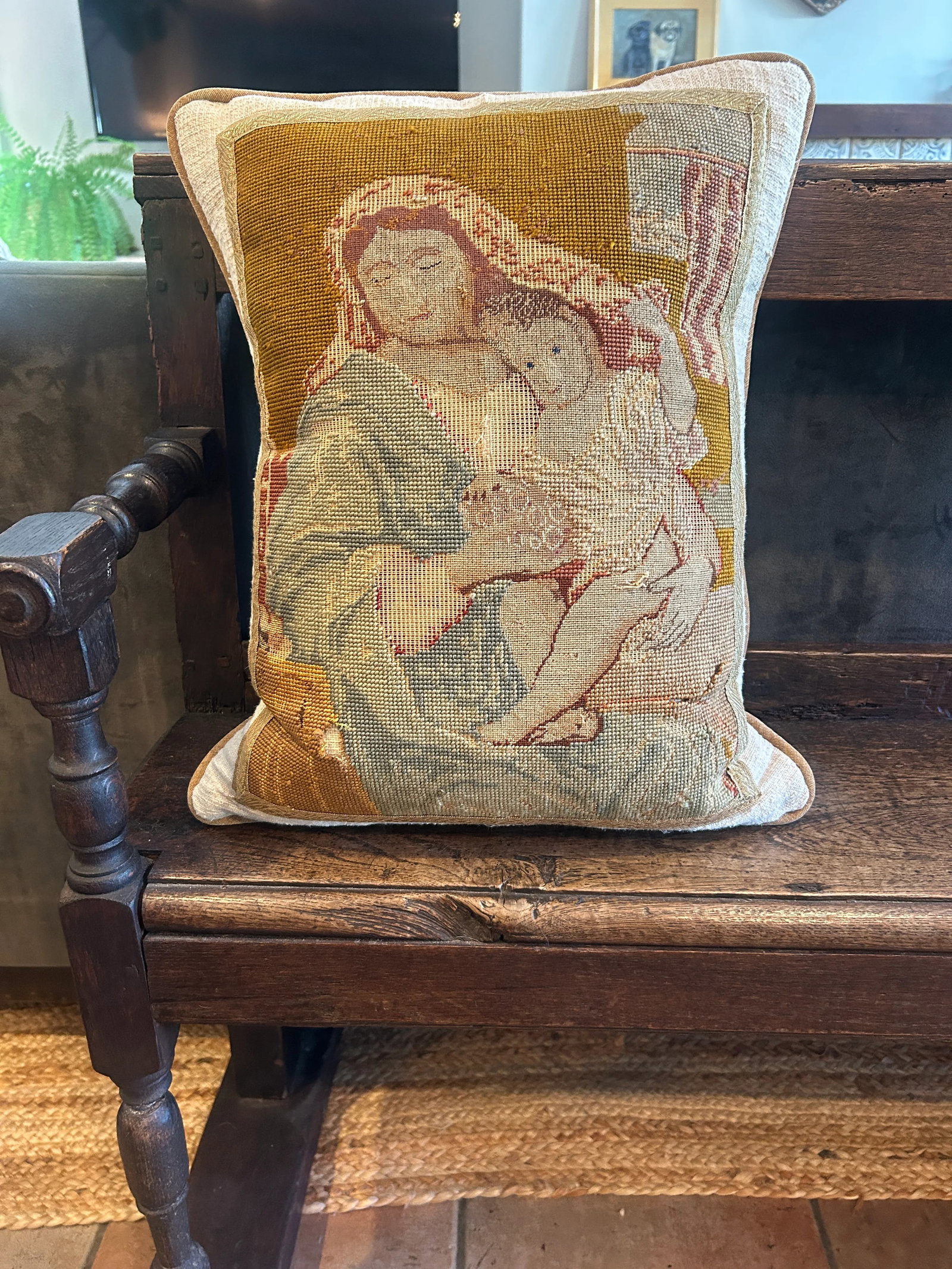 Victorian Revival Needlepoint Pillow With Religious Iconography - 8