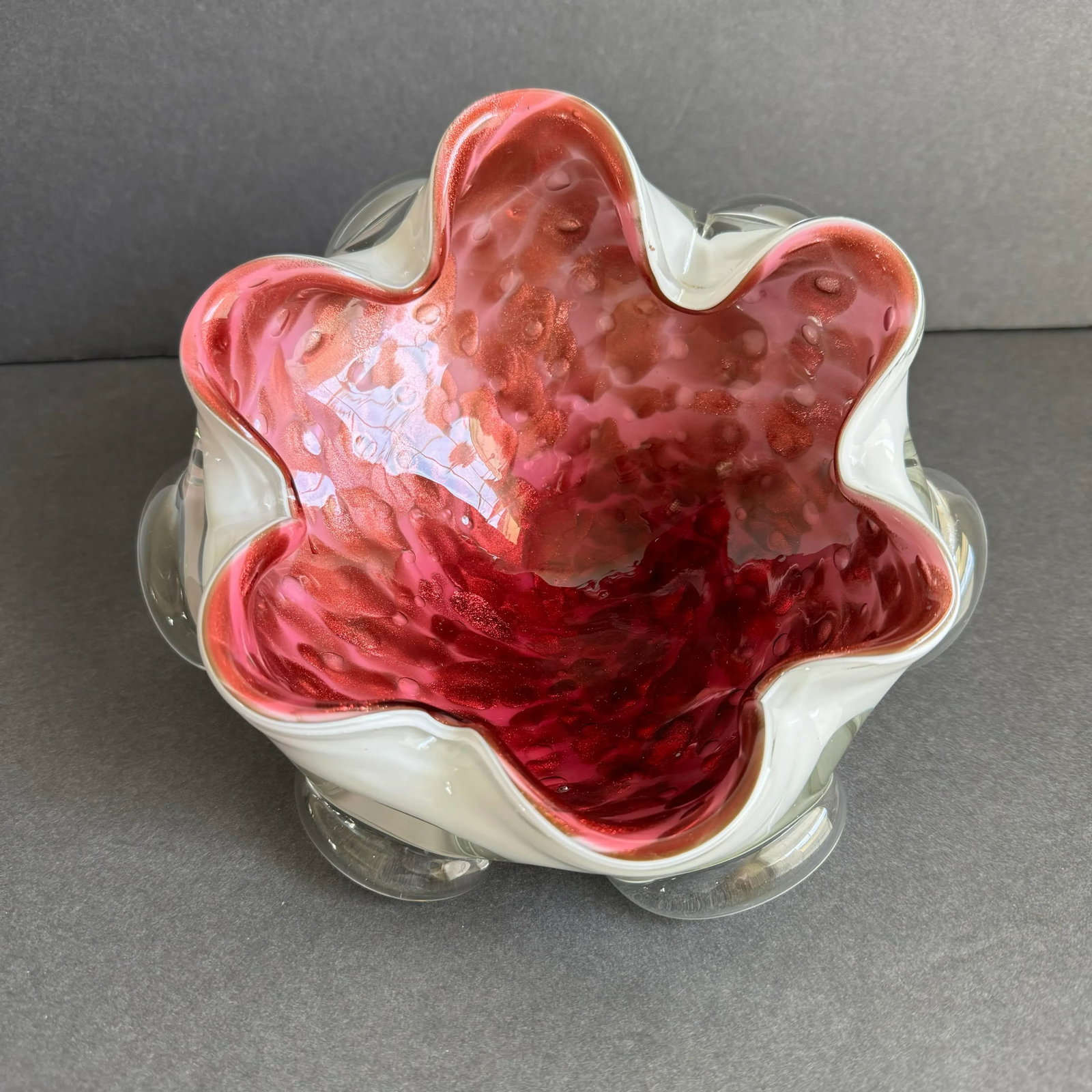 Murano Glass Pink Aventurine Dish Italian Art Glass Metallic Decorative Bowl - 10
