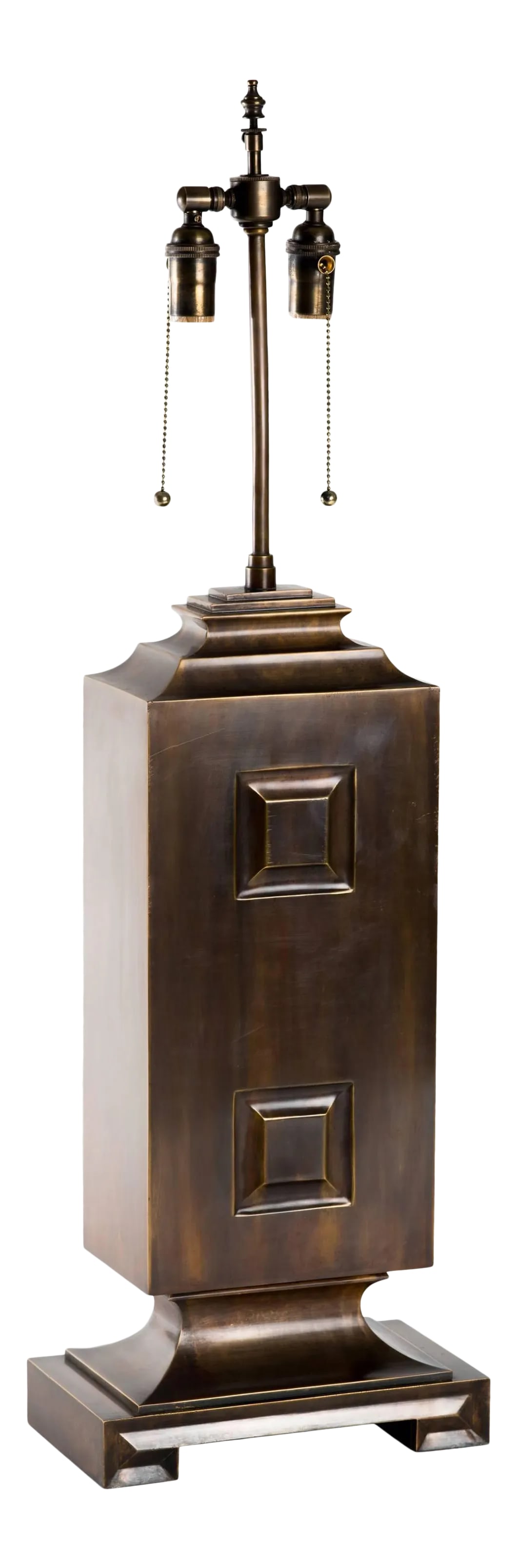 Monumental Patinated Brass Hollywood Regency Lamp: Monumental patinated brass Hollywood Regency lamp. Lamp body measures 24.5" tall, overall height, 38". Newly restored with solid patinated brass hardware, double sockets and pull chains. Condition: