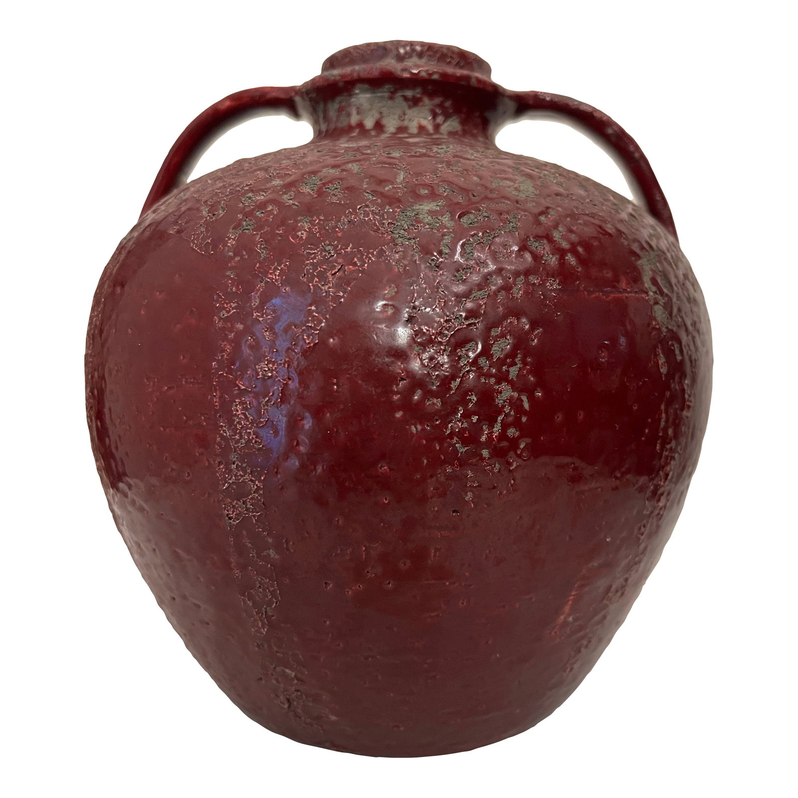 Mid Century Red Pottery Jug by Raymor: Vintage Mid Century Modern Raymor Italy Red Vase Pottery. Mid-Century Chinese Glaze Italian Pottery Glazed Ceramic Double Handled Vase. Marked on the bottom Raymor label. Measures 8 1/2" x 8 1/2" Cond