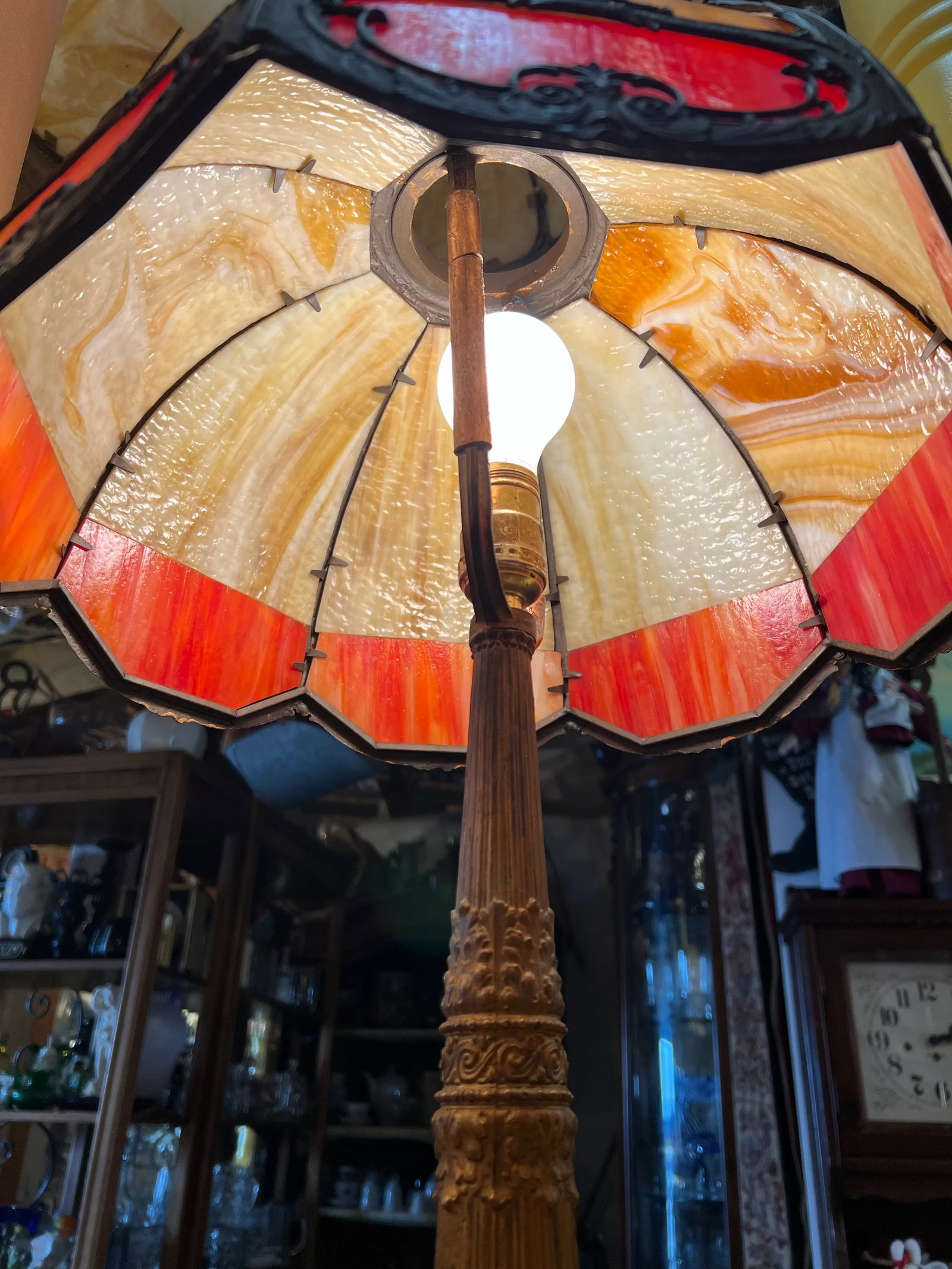Antique Bent Caramel, Red /Orange Slag Glass Table Lamp - 4