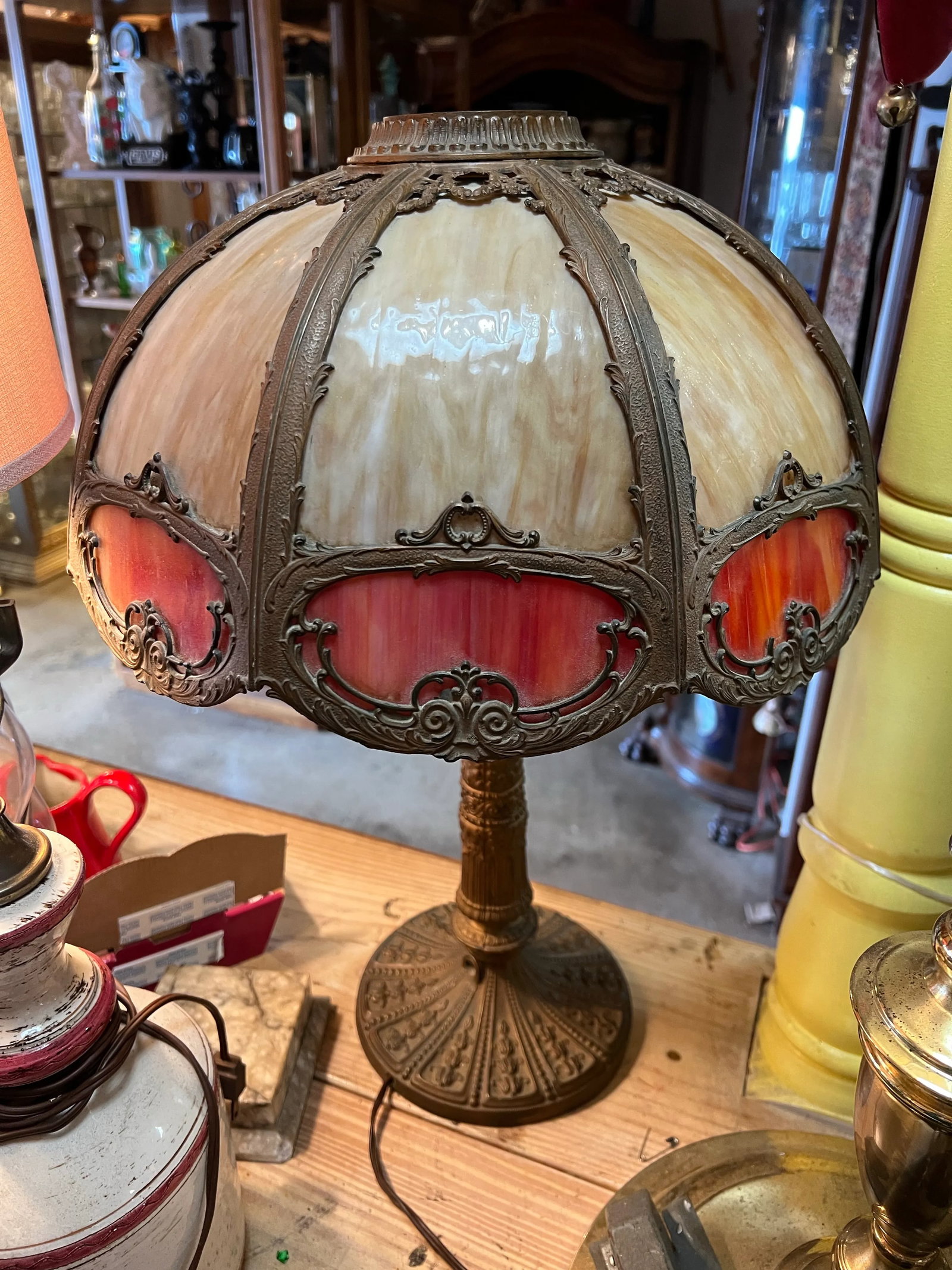 Antique Bent Caramel, Red /Orange Slag Glass Table Lamp - 5