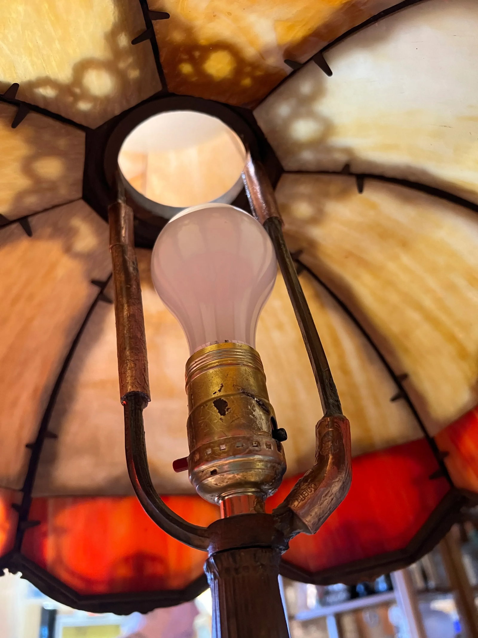 Antique Bent Caramel, Red /Orange Slag Glass Table Lamp - 8