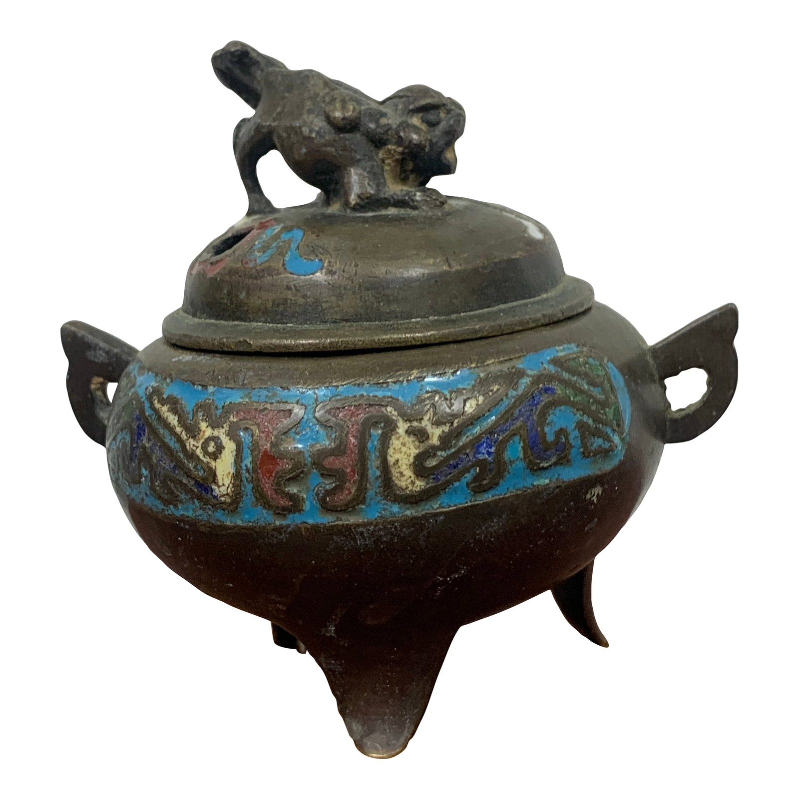 Antique Chinese Bronze Cloisonne Enamel Incense Burner: A striking example of Qing-era craftsmanship, this antique Chinese incense burner features vivid cloisonne enamel in rich blues, greens, and reds set against a solid bronze form. The surface displays