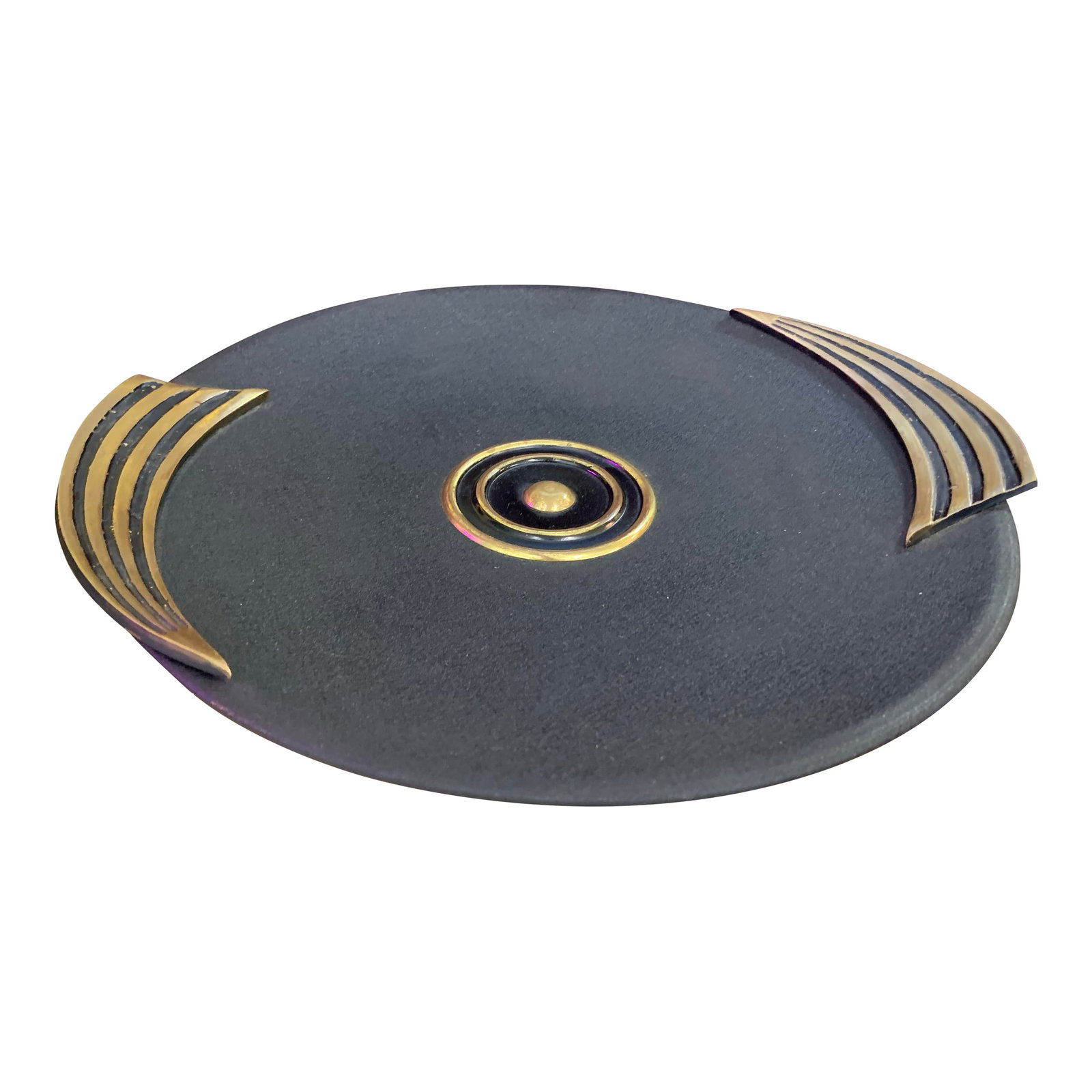 1950s Art Deco Style Black Charger With Gold Trim - Vintage Centerpiece: This exquisite Art Deco-style charger or centerpiece features bold geometric design elements that capture the elegance of the era. Expertly crafted with a matte black finish, it is highlighted by