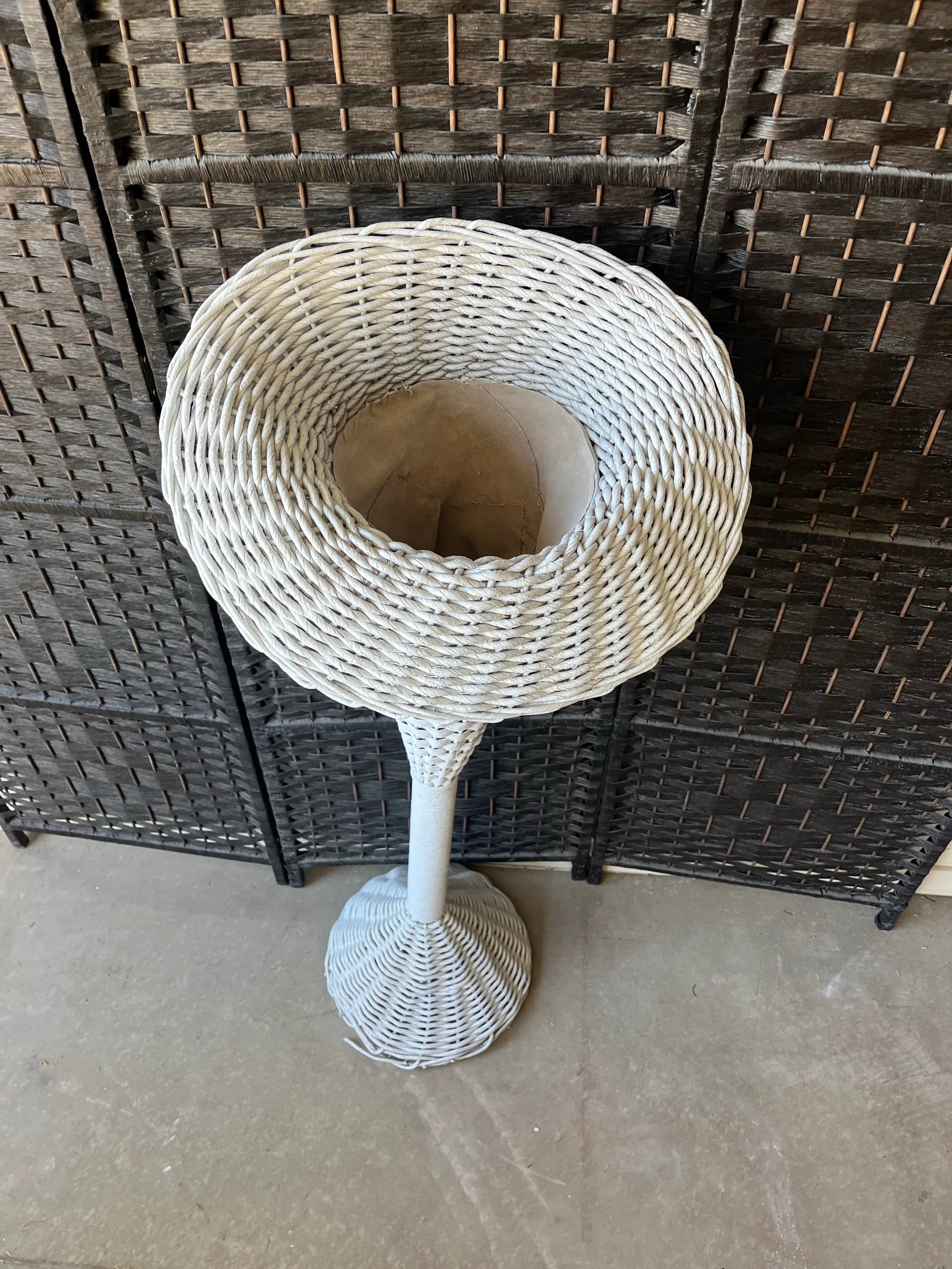 Tall Vintage Mid Century Bohemian White Wicker Trumpet Plant Stand or Planter - 3