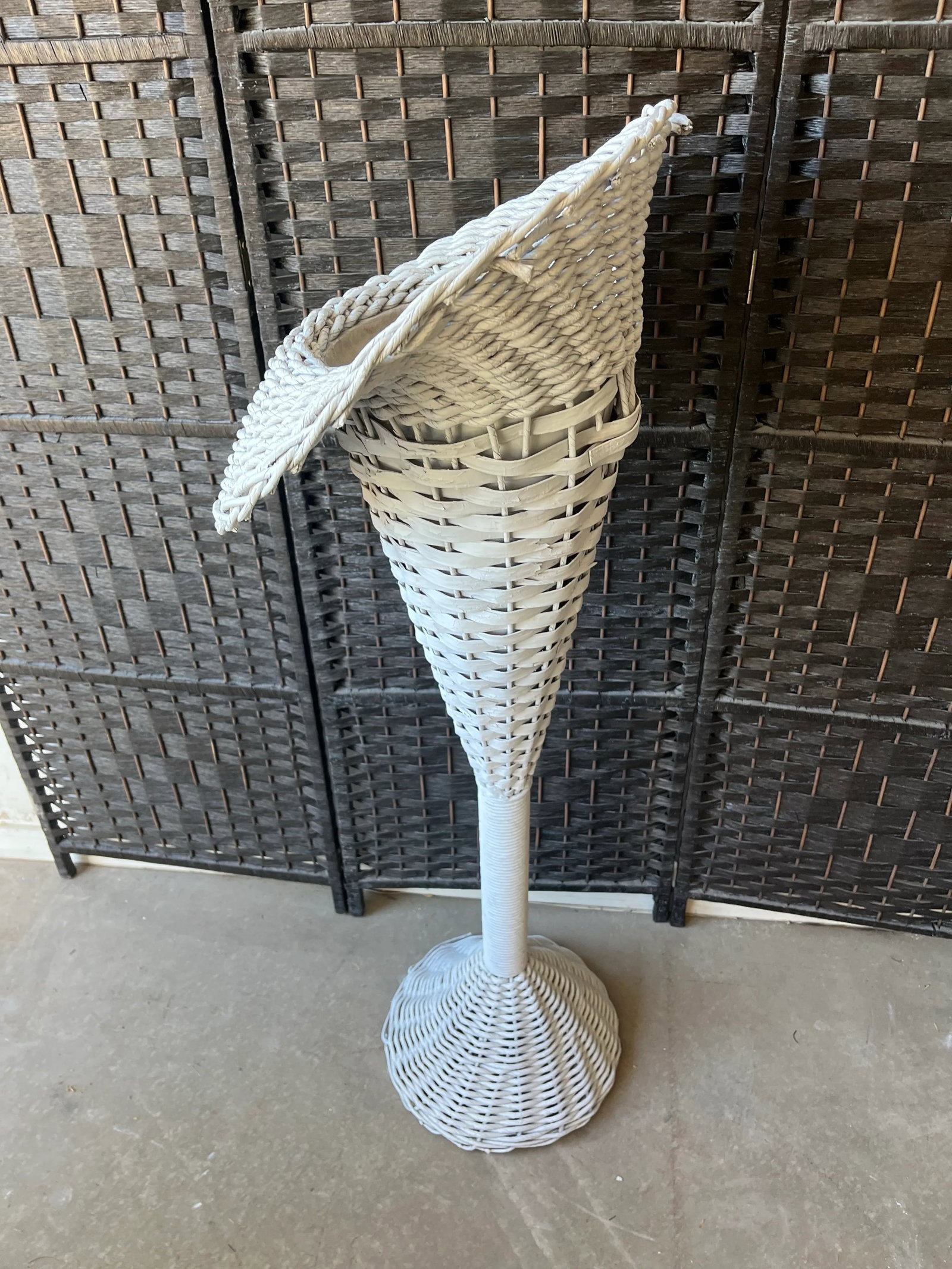 Tall Vintage Mid Century Bohemian White Wicker Trumpet Plant Stand or Planter - 6