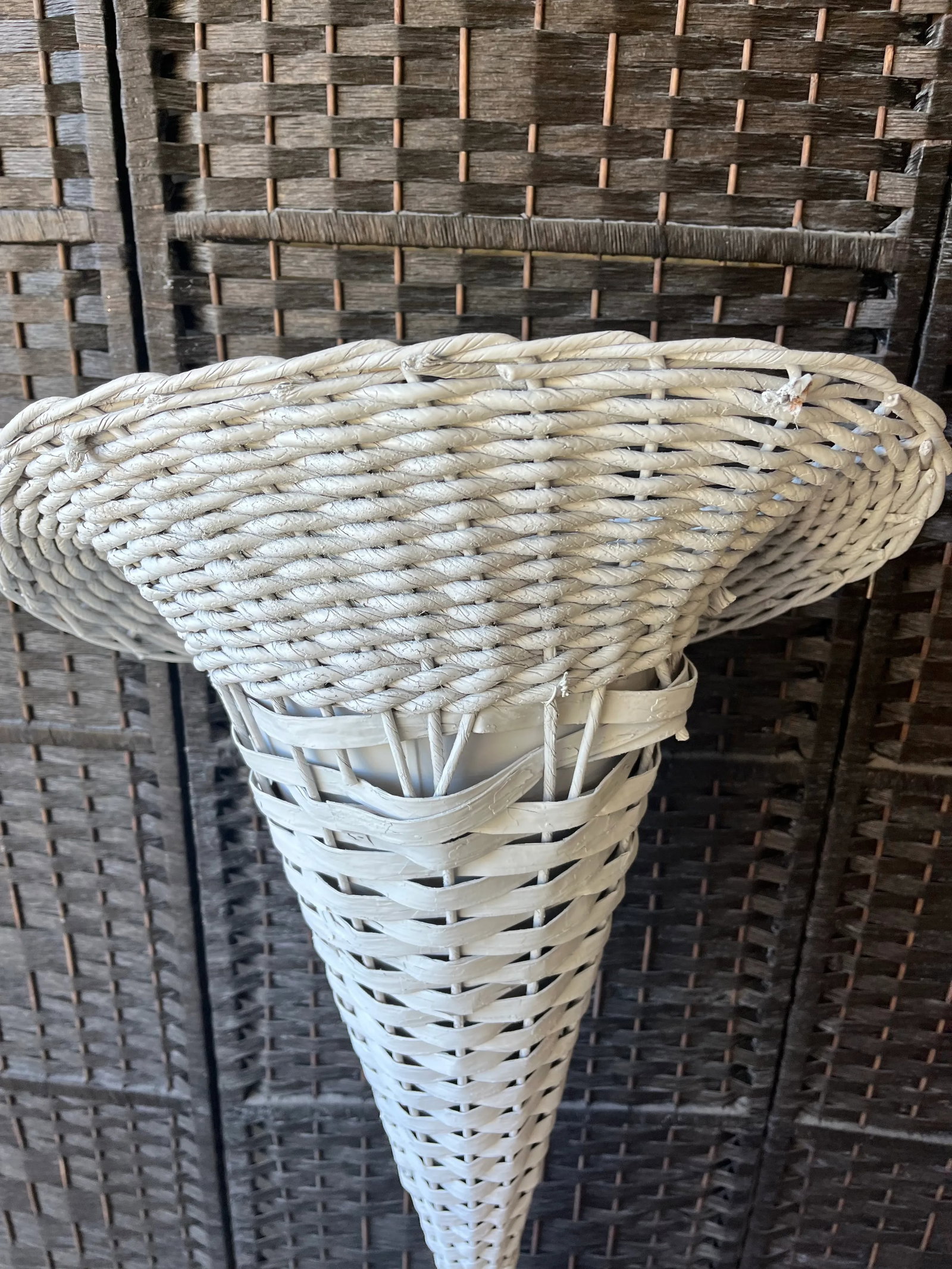 Tall Vintage Mid Century Bohemian White Wicker Trumpet Plant Stand or Planter - 8