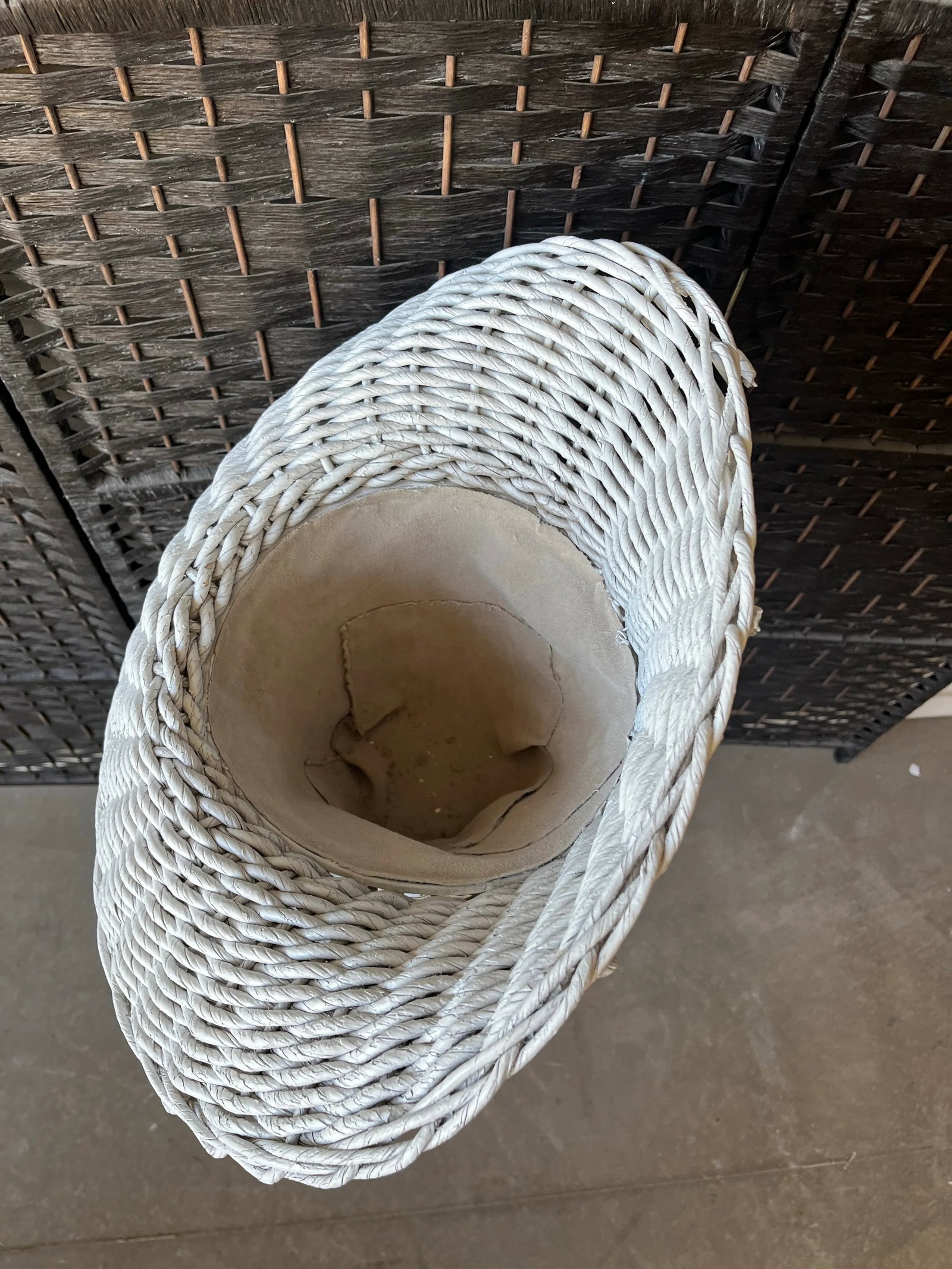 Tall Vintage Mid Century Bohemian White Wicker Trumpet Plant Stand or Planter - 9