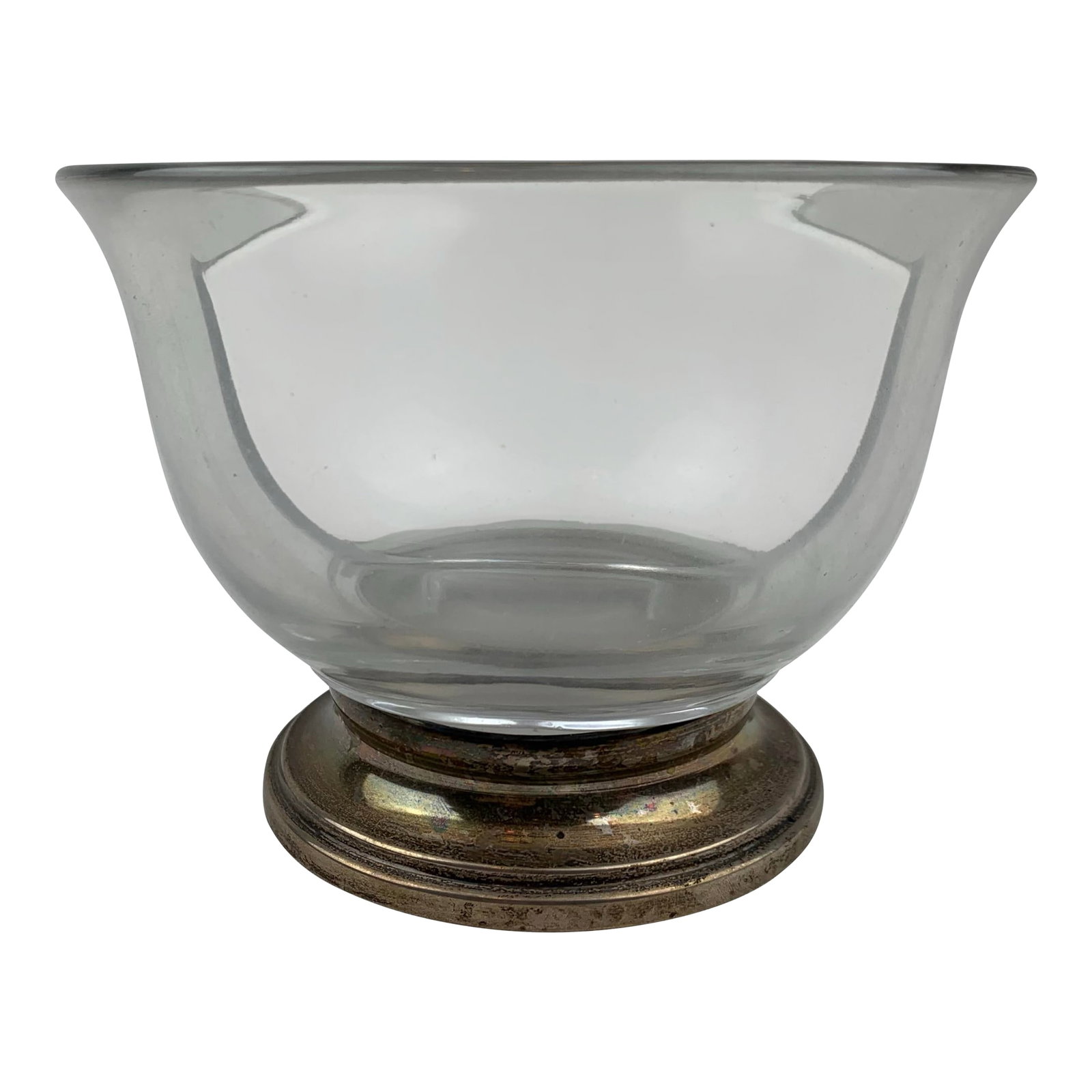 1950s Vintage Crystal and Sterling Base Bowl: 1940s Vintage Crystal and Sterling Base Bowl with a brilliant crystal body divided into three sections which set atop a refined sterling silver base. Condition: Alterations: Original Condition Unalter