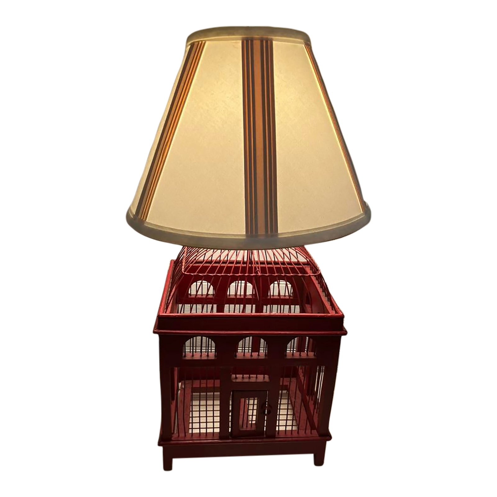 Vintage Red Birdcage Lamp Base, 1960s-1970s: Playful vintage birdcage lamp base in bright red, designed with arched window cutouts, a domed wire top, and a functional lamp socket. Likely dating from the 1960s-1970s, this architectural birdcage