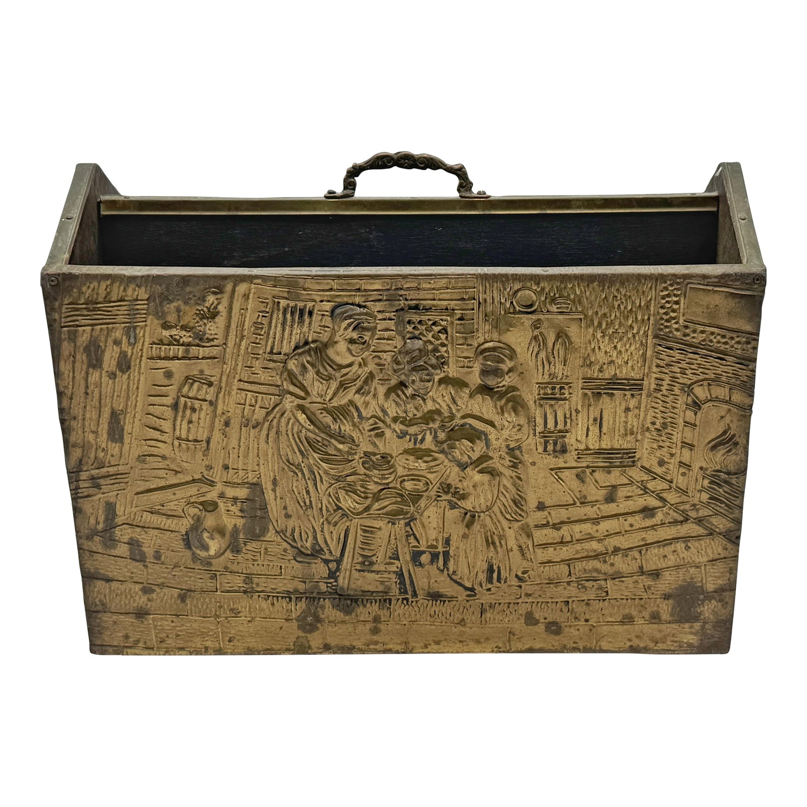 Antique Flemish Brass-Clad Wood Kindling or Coal Box - Embossed Hearth Scene (1 of 8)