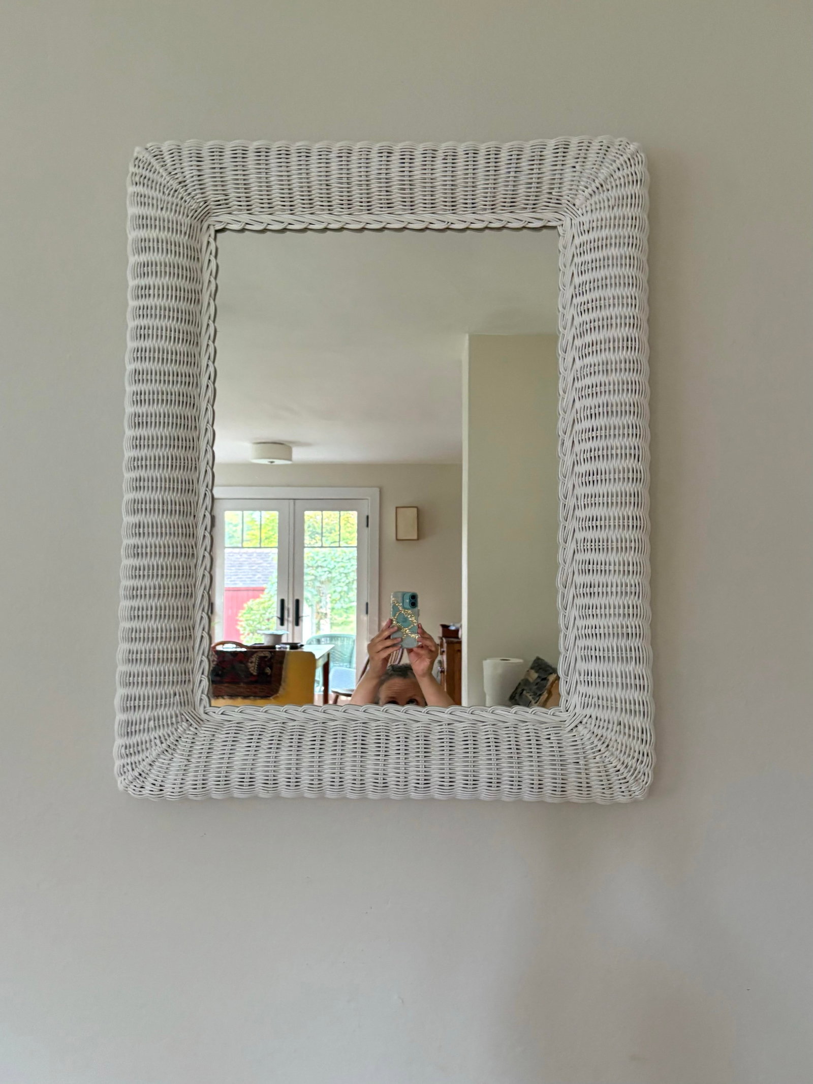 Vintage White Rectangle Wicker Frame Mirror - 2