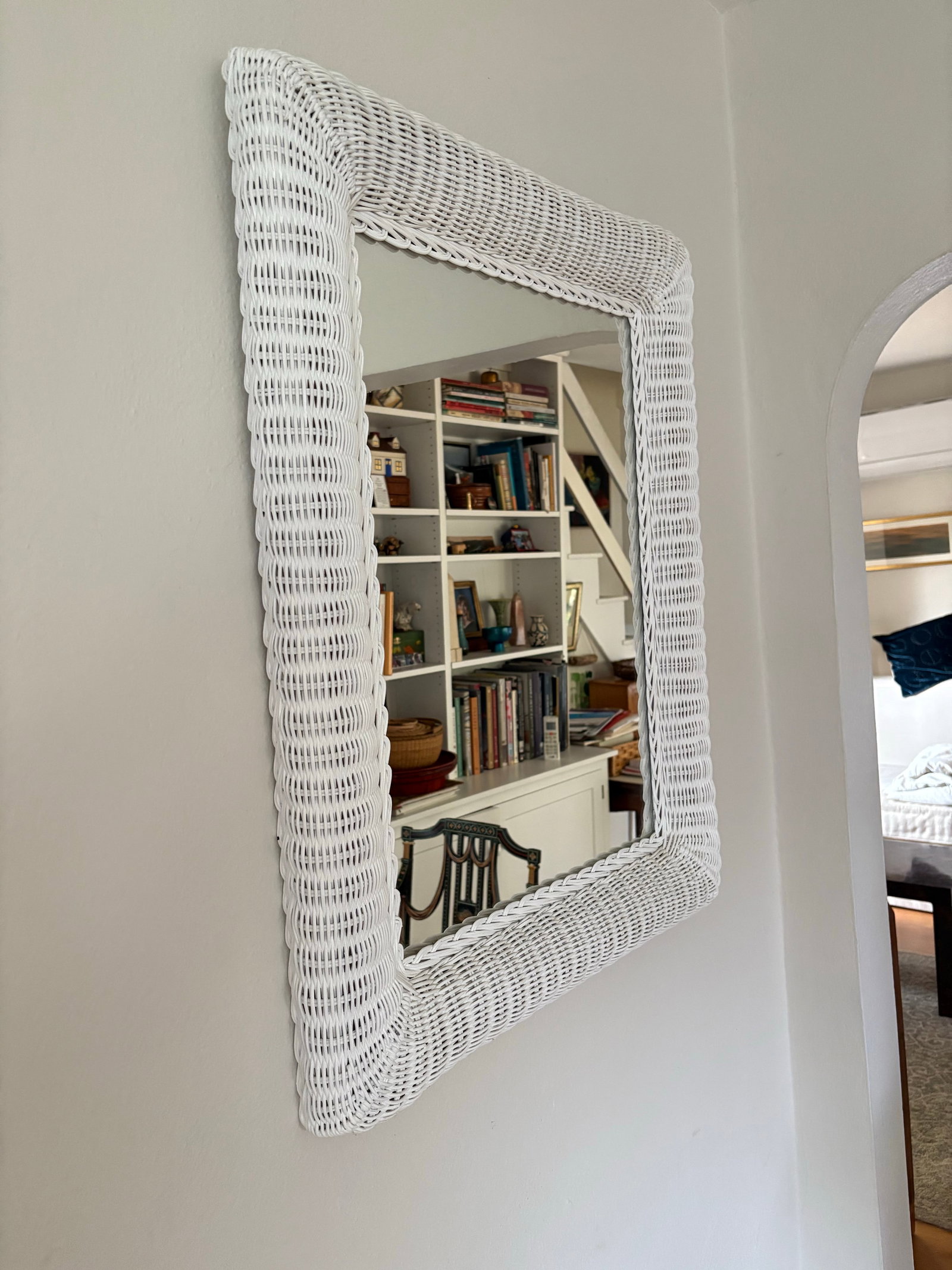 Vintage White Rectangle Wicker Frame Mirror - 3
