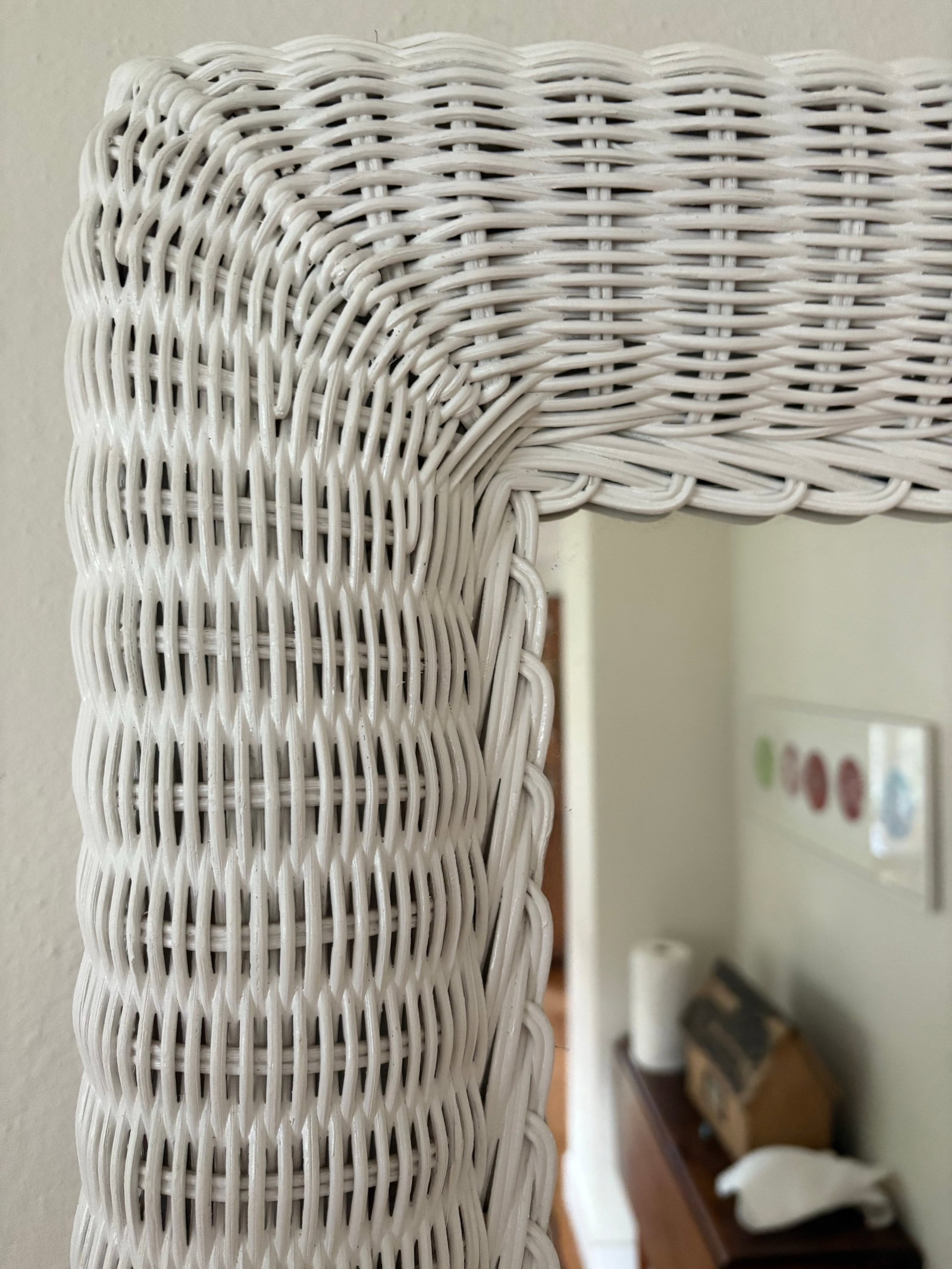 Vintage White Rectangle Wicker Frame Mirror - 5