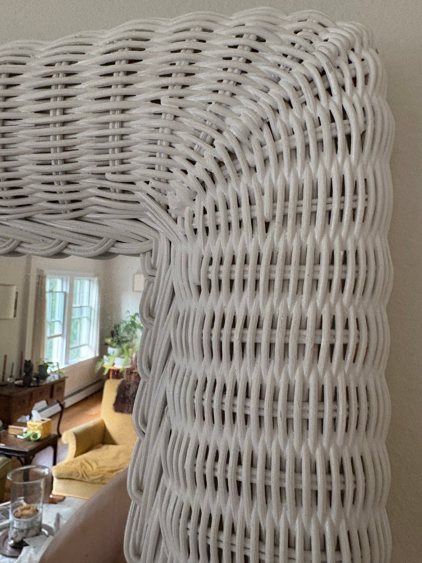 Vintage White Rectangle Wicker Frame Mirror - 6