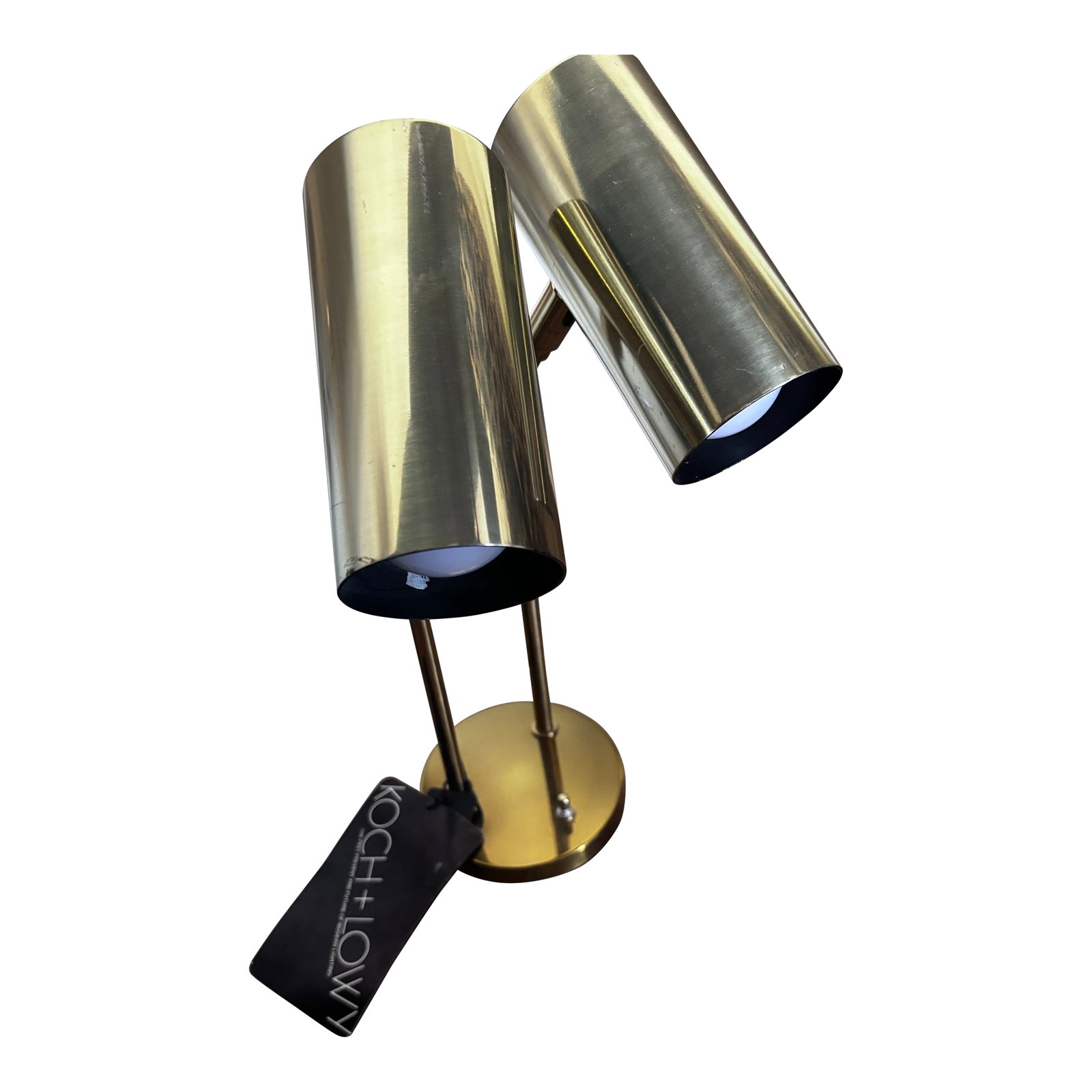 1960s Koch & Lowy Double Arm Brass Desk Lamp: koch & lowy double arm brass desk lamp. This lamp is so cool and chic. Comes with original tag. It has been updated with new wiring. Ernest Lowy founded Koch & Lowy in New York in 1946, initially runn