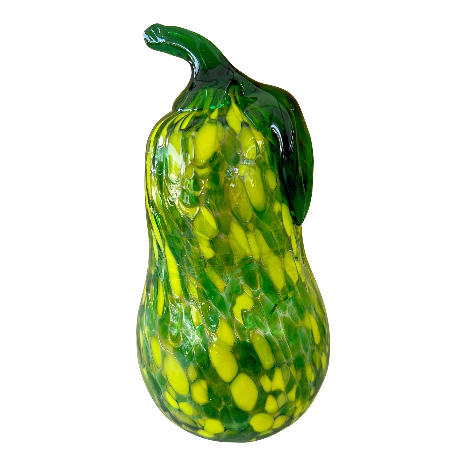 Vintage Glass Blown Swirled & Crackled Figure Pear / Squah: Mid century blown crackle glass sculpture of a pear or squah. Bright yellow and green glass statue . The elegance statue is beautifully crafted with a swirled pattern and has a glossy finish.