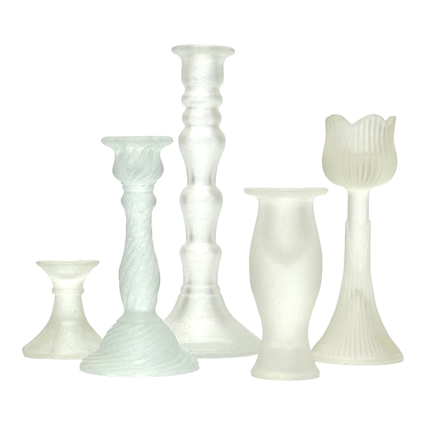 Vintage Eclectic Frosted Glass Candle Holder Curation - Group of 5: Frosted clear candle holders, group of 5. An eclectic group of frosted clear glass candle holders from the mid-20th century. Shortest: 2.75"H Tallest: 9.25"H Condition: Alterations: Original