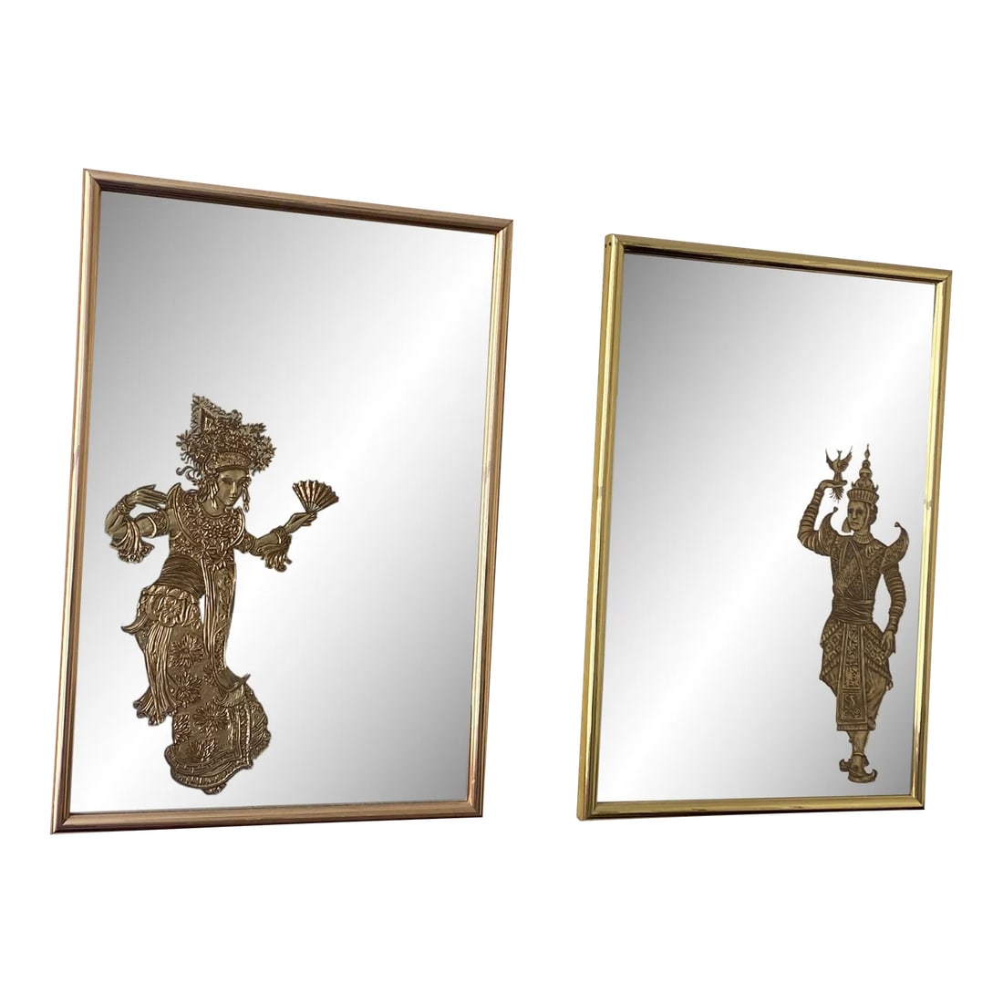 1960s Thai Foil Art Mirrors- Set of 2: A pair of large wall mirrors featuring Thai figures. They are folied into the mirror. No markings on back. Very heavy. I have been unable to find another pair. Gift from a military family that was mov