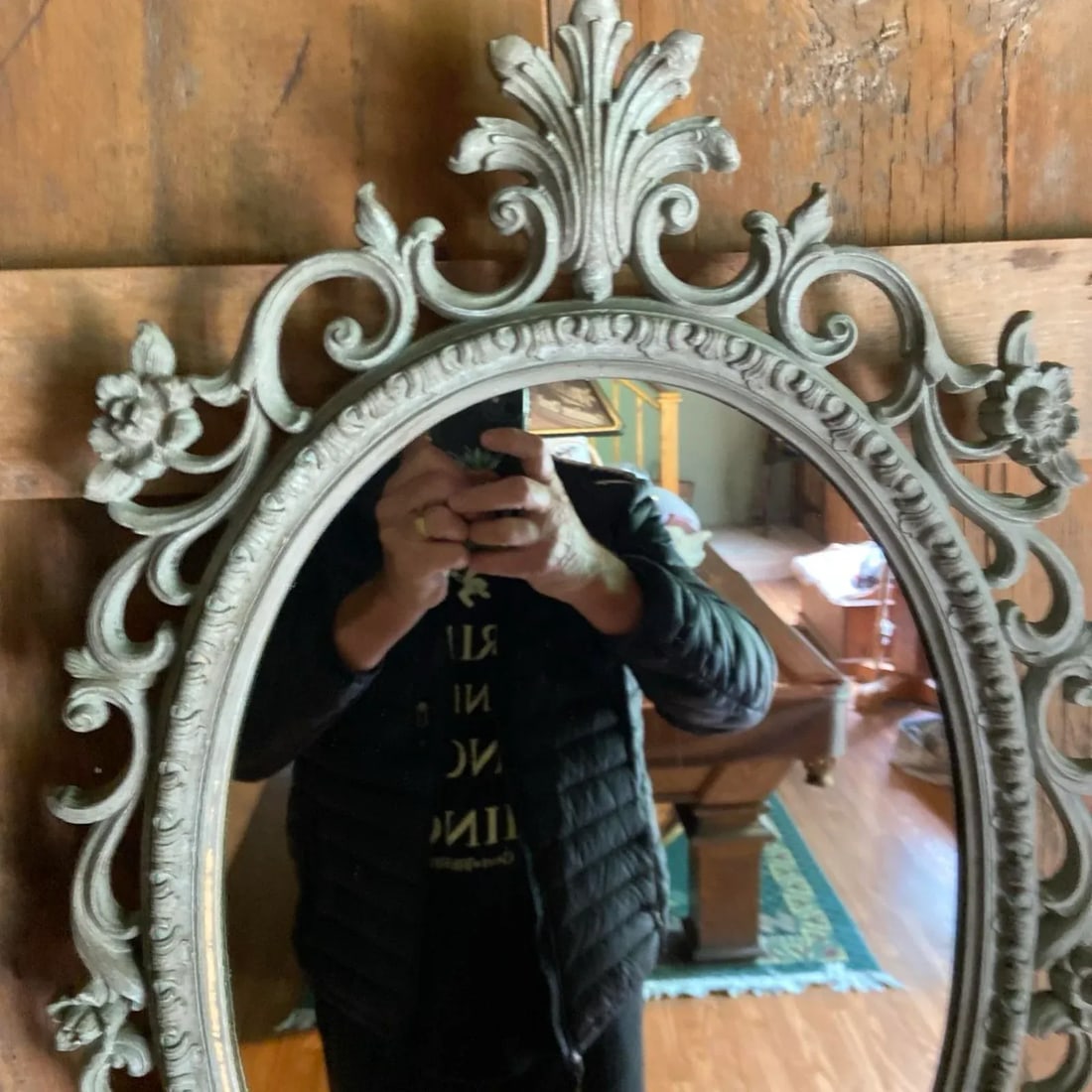 Vintage Bassett Oval Mirror Ornate Victorian Hollywood Regency Gray Resin - 3