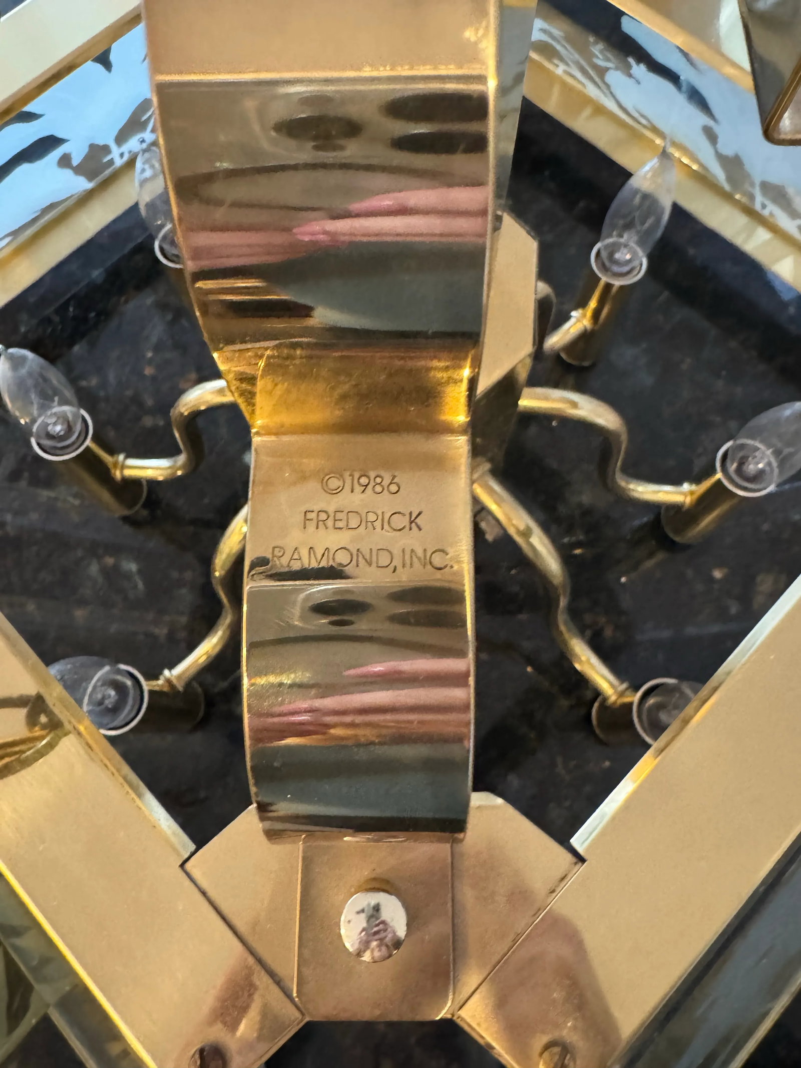 1986 Art Deco Fredrick Ramond Glass Brass Chandelier - 3