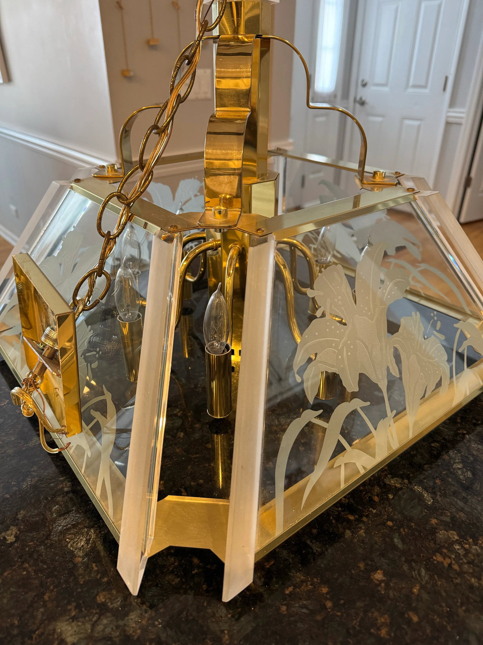 1986 Art Deco Fredrick Ramond Glass Brass Chandelier - 4