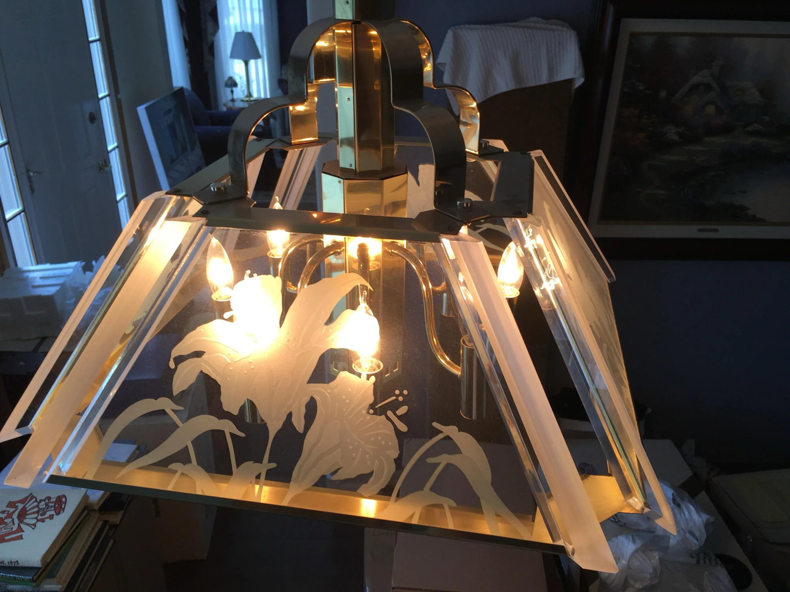 1986 Art Deco Fredrick Ramond Glass Brass Chandelier - 7