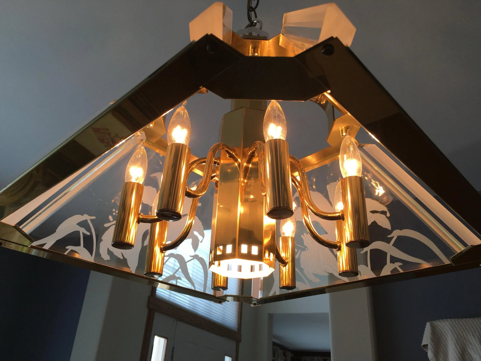 1986 Art Deco Fredrick Ramond Glass Brass Chandelier - 8