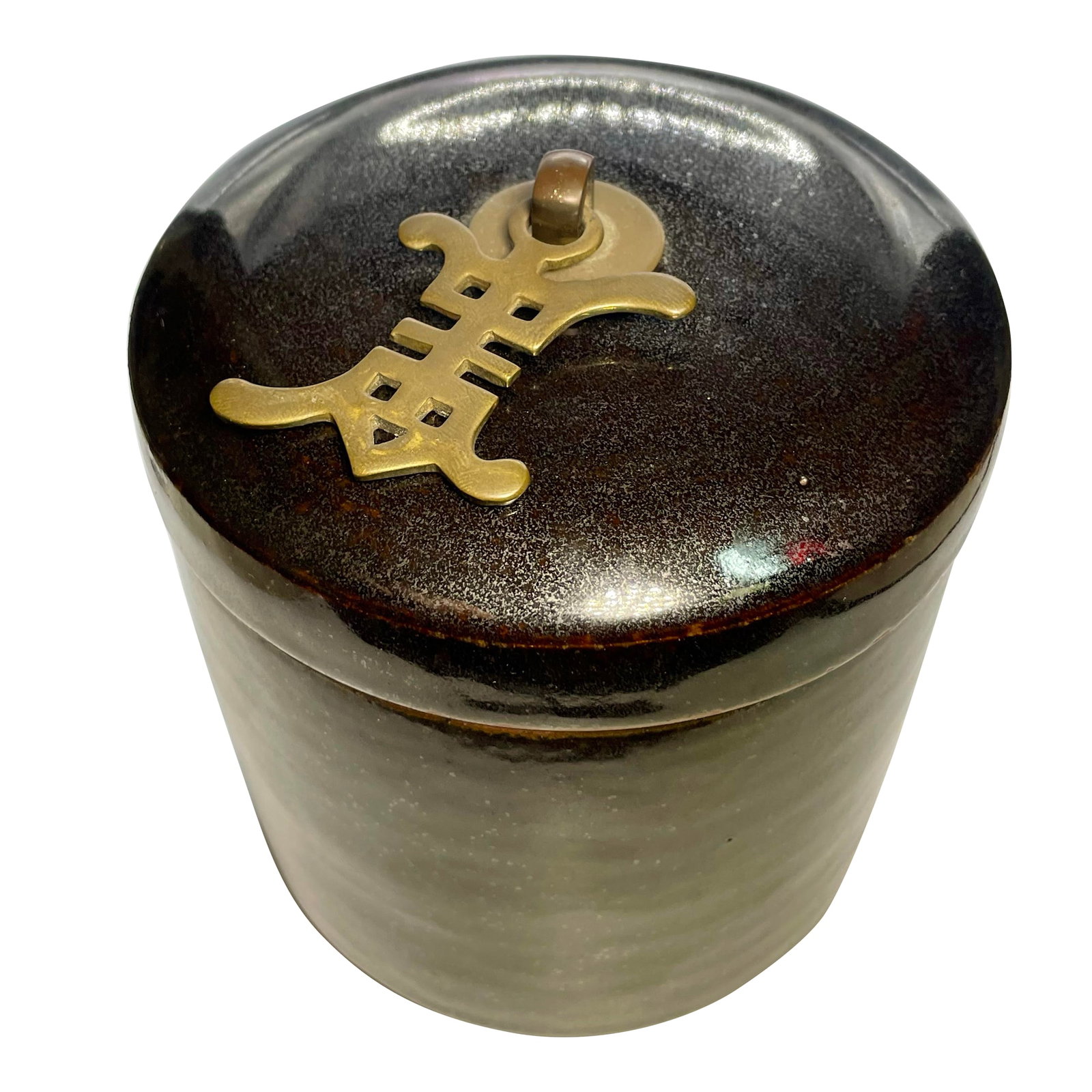Early 20th Century Chinese Crackleware Tea Caddy: Chinese vintage crackleware tea caddy. The item measures 4.8"x5". Consists of deep brown sepia with silver speckled finish. Item is adorned with bronze Chinese character Xi, which is a ligature of