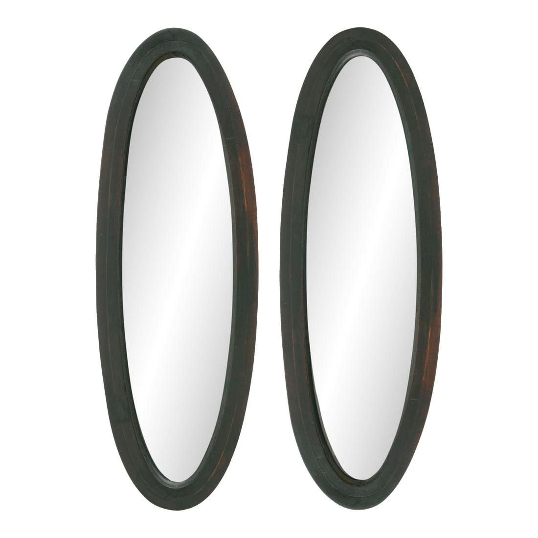 1940s Slender Ebonized Mahogany Oval Mirrors; A Pair: Stunning & elegant pair of slender oval beveled mirrors with ebony finish over mahogany. The wood backings are heavy and well constructed. Condition: Alterations: Restored Imperfections: Some