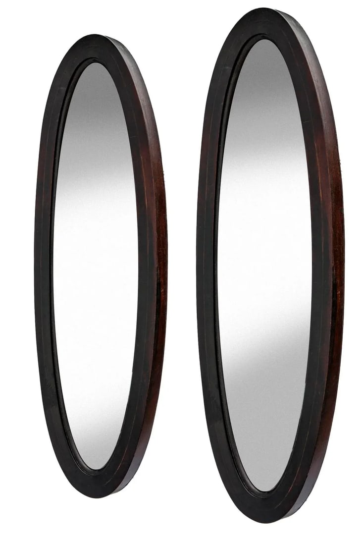 1940s Slender Ebonized Mahogany Oval Mirrors; A Pair - 2