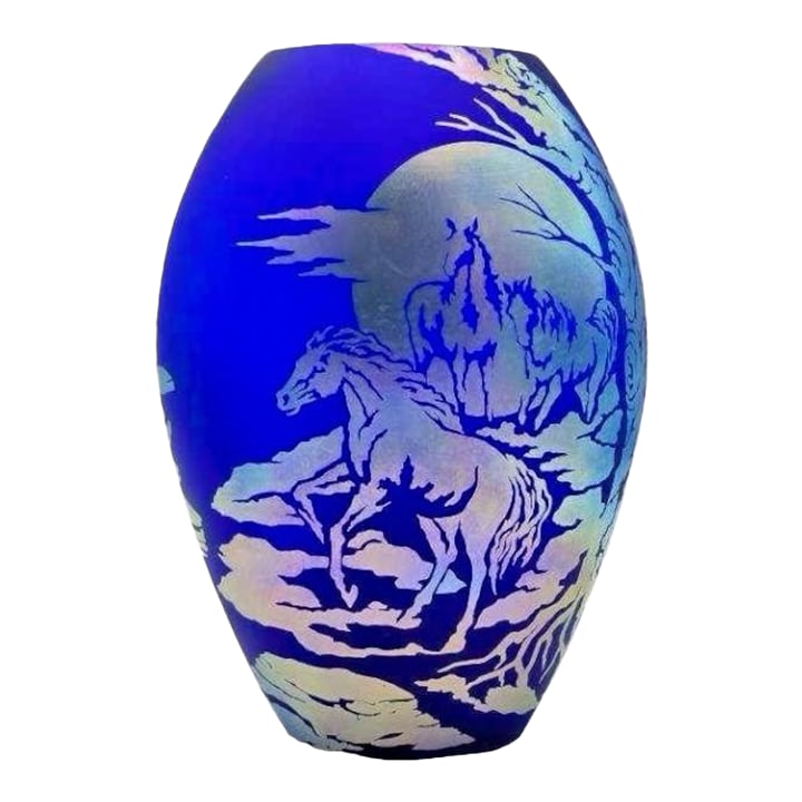 Fenton Favrene Wild Horses Oval Vase-Robin Spindler-Signed Limited Ed-2005-Art: Magnificent Fenton Favrene "Wild Horses" Oval Vase, measuring 12x8x5". Handcrafted in the USA, this Platinum Collection piece features pure silver in the Favrene batch, creating a brilliant