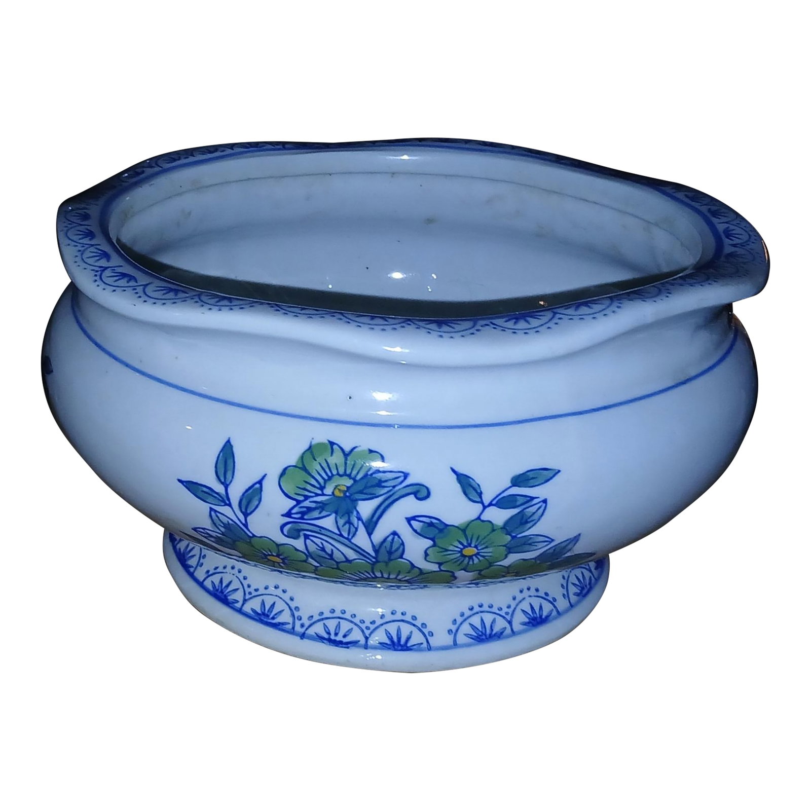 Vintage Scalloped Edge Ceramic Planter Pot With Blue and Green Floral Pattern (1 of 8)