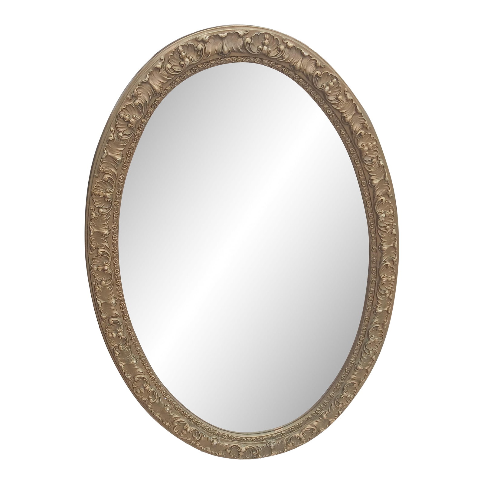 Vintage 1970s Hollywood Regency Style Ornate Antiqued Gold Oval Frame Wall Hanging Large Mirror: Gorgeous old 1970s resin or hard plastic Hollywood Regency Style large oval mirror. I believe that it used to be the cover to the medicine cabinet and has been converted to a wall mirror. Gorgeous